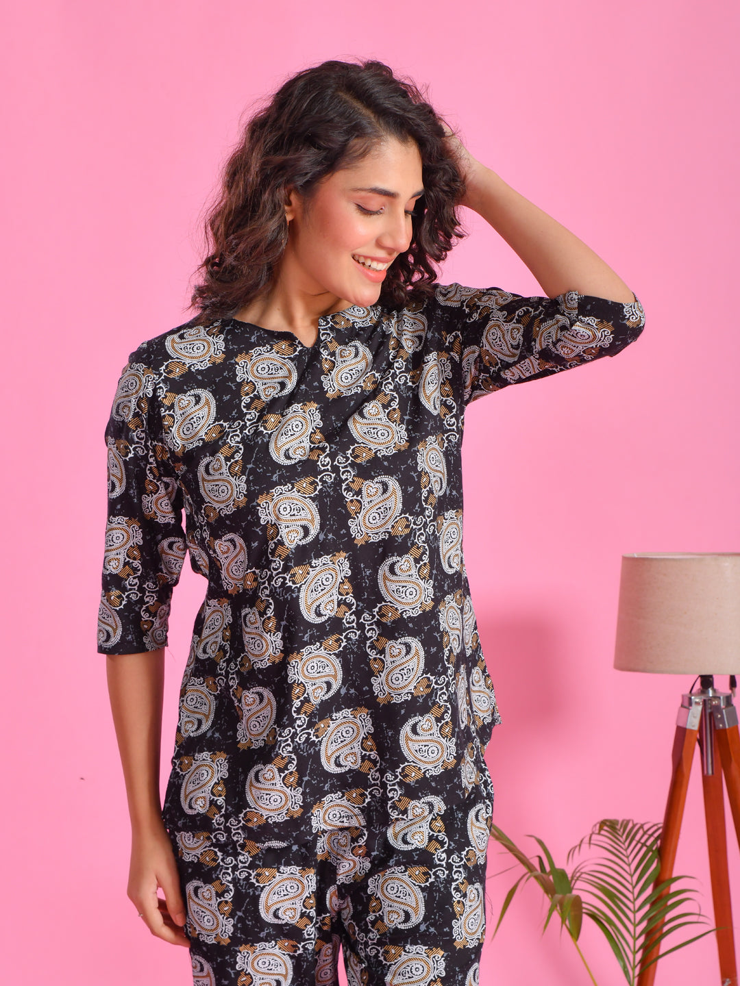 Blue Printed Round Neck Night Suit