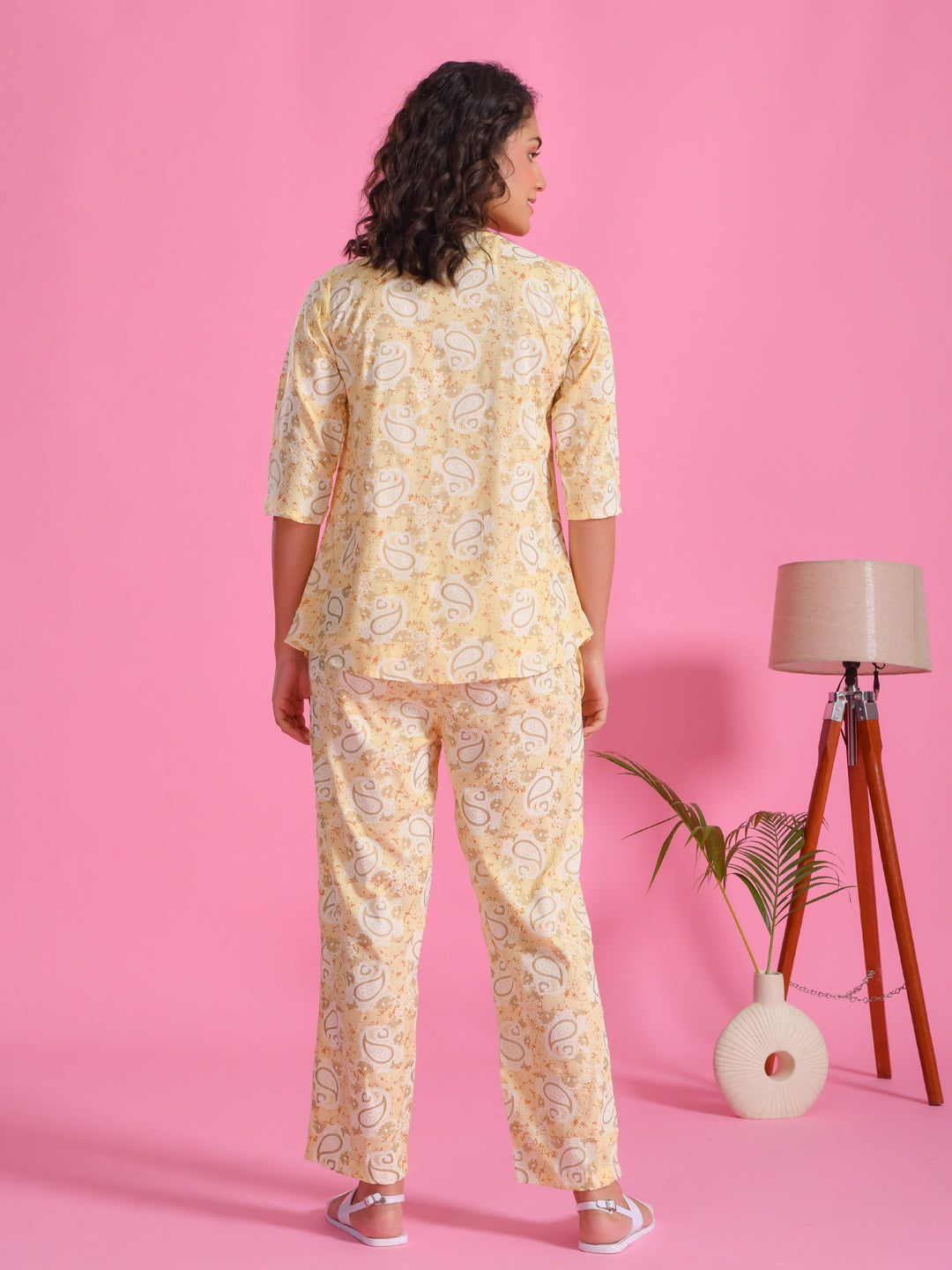 Yellow Printed Round Neck Night Suit Set