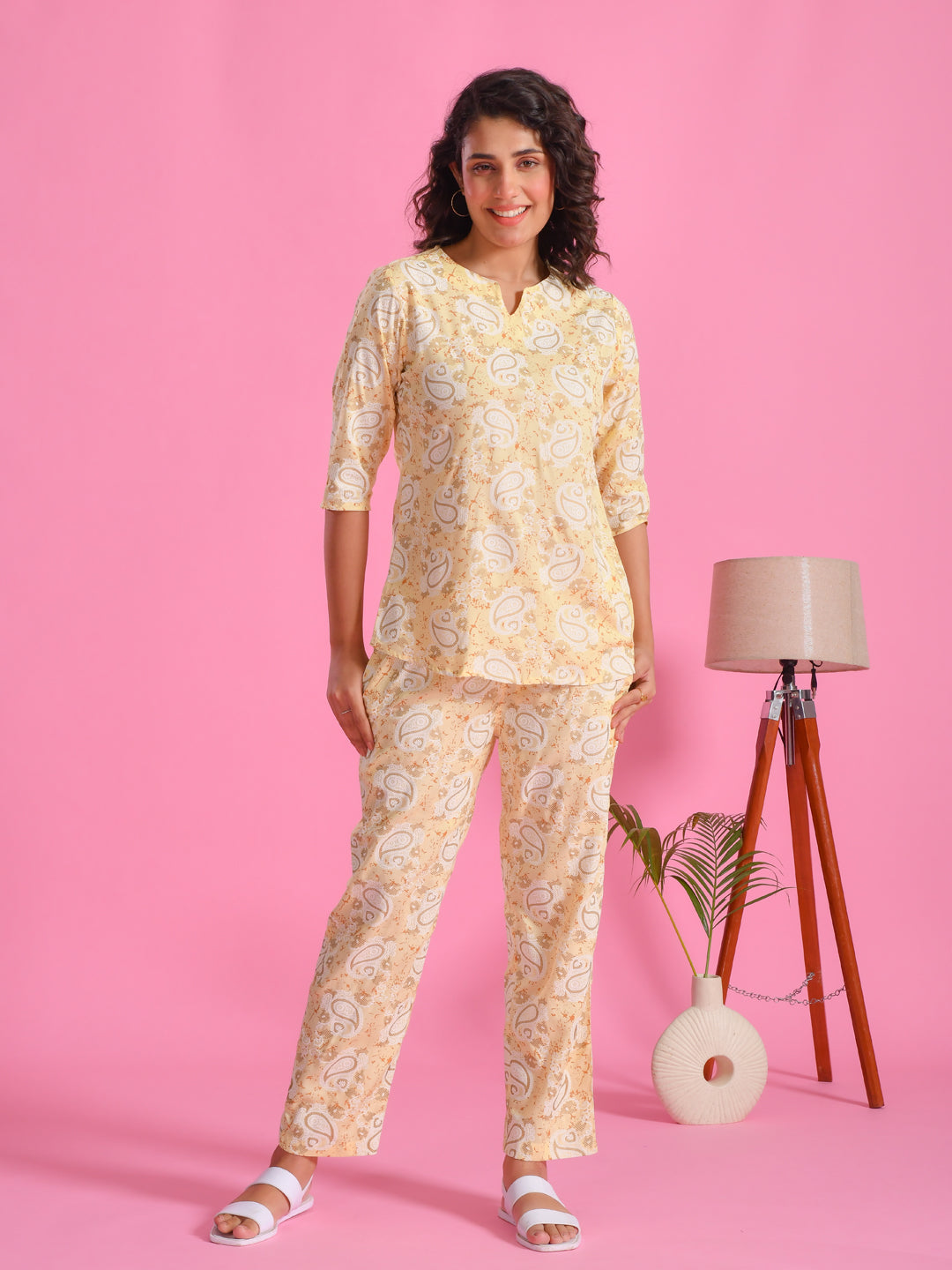Yellow Printed Round Neck Night Suit Set
