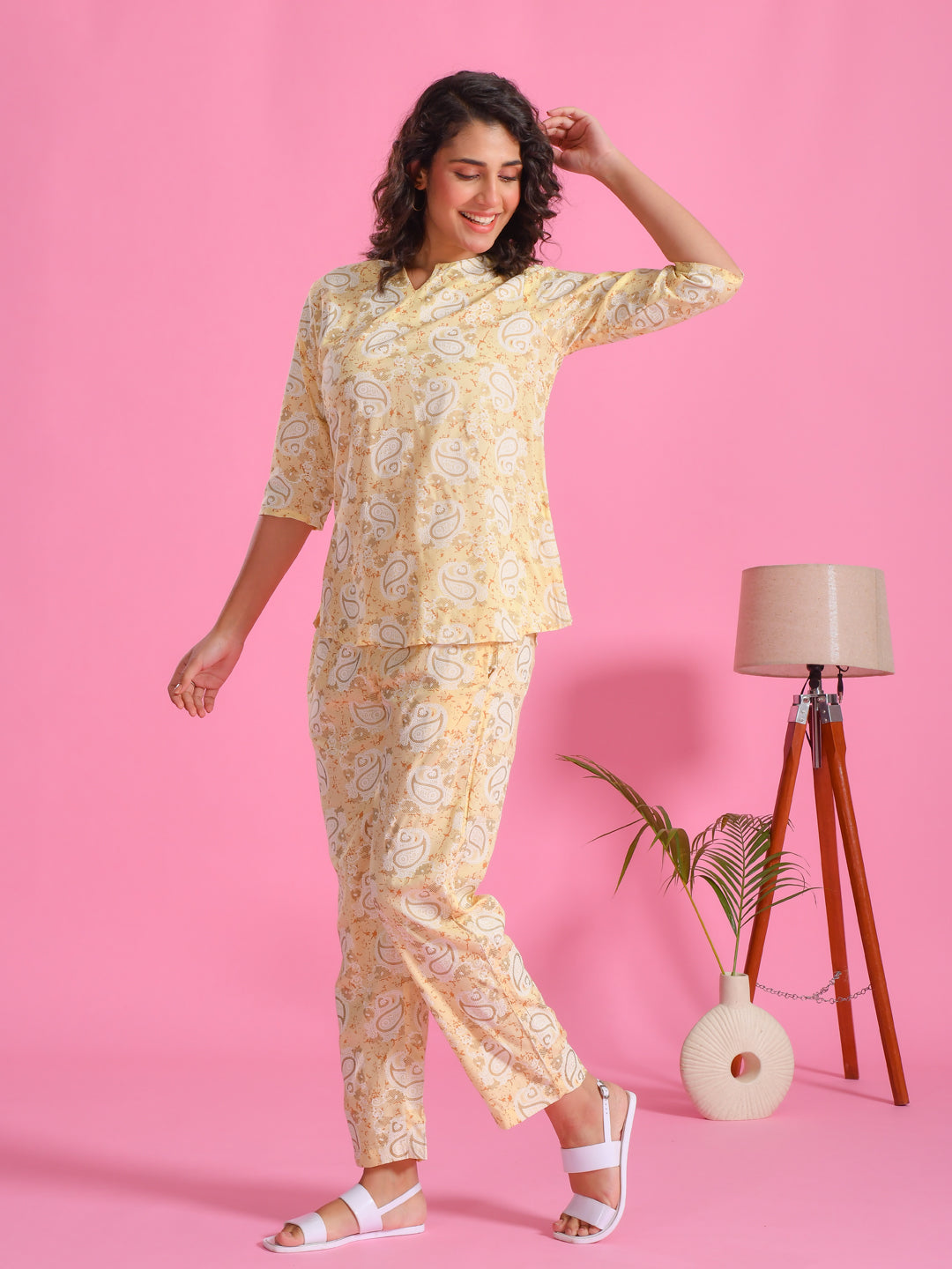 Yellow Printed Round Neck Night Suit Set