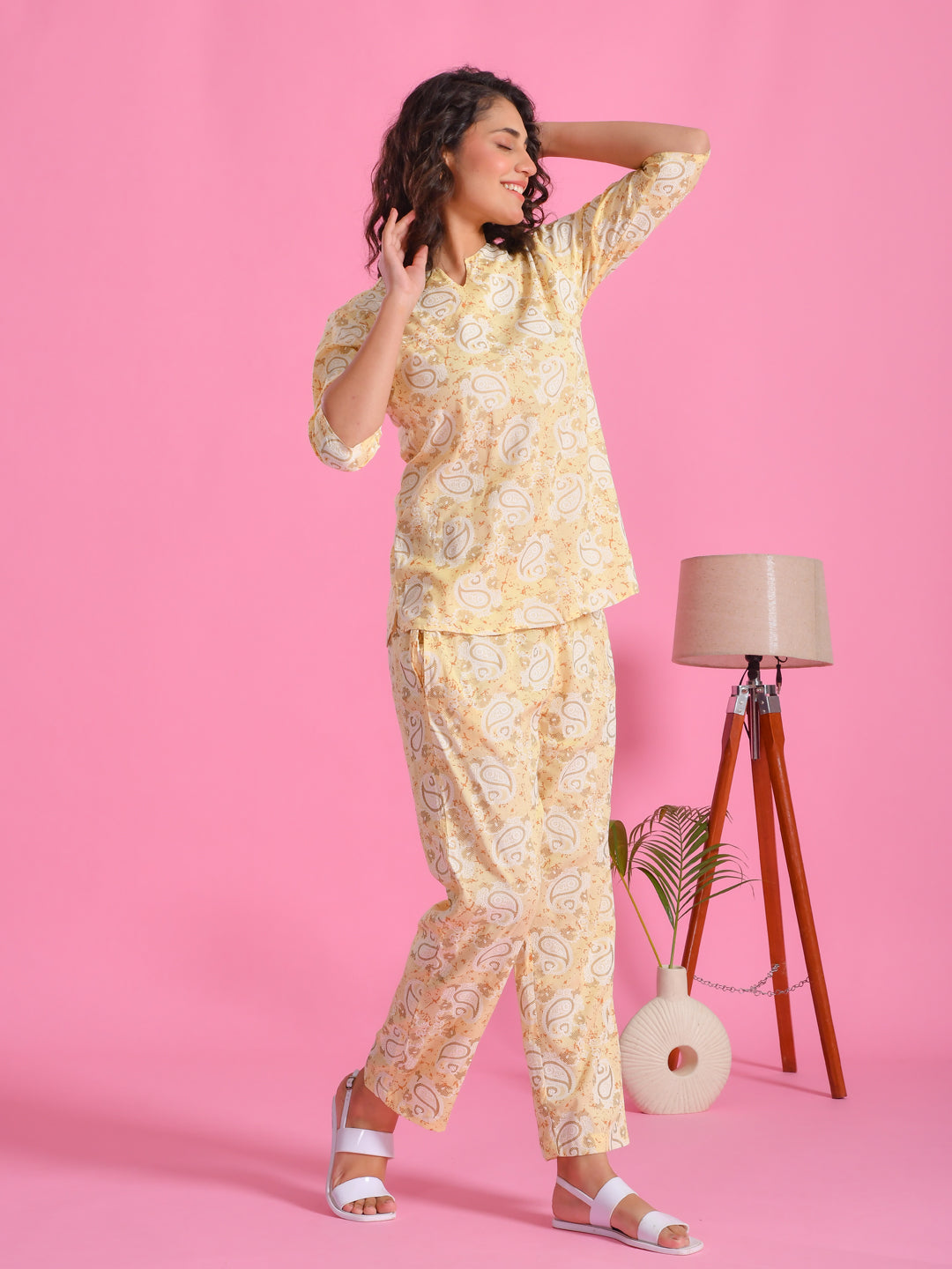 Yellow Printed Round Neck Night Suit Set