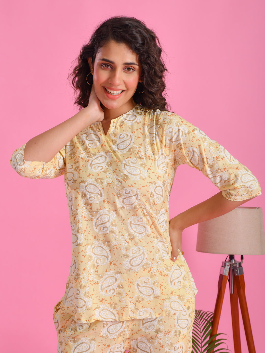 Yellow Printed Round Neck Night Suit Set