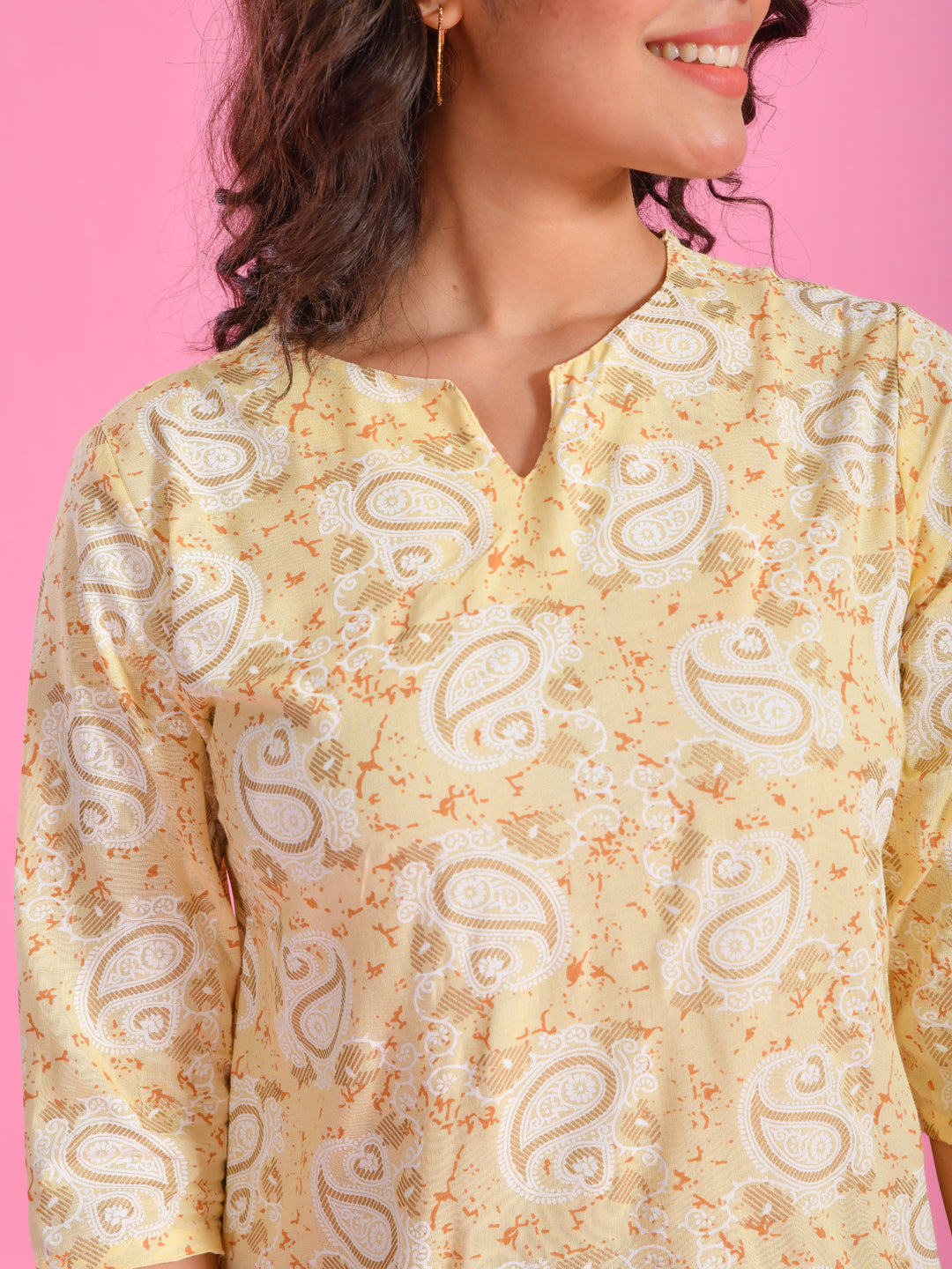 Yellow Printed Round Neck Night Suit Set