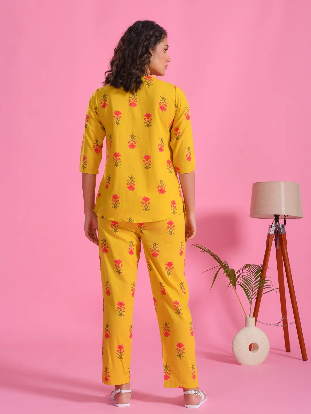 Yellow Floral Printed Round Neck Night Suit Set - SanskrutiHomes