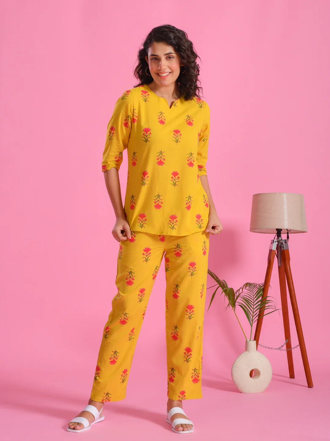 Yellow Floral Printed Round Neck Night Suit Set - SanskrutiHomes