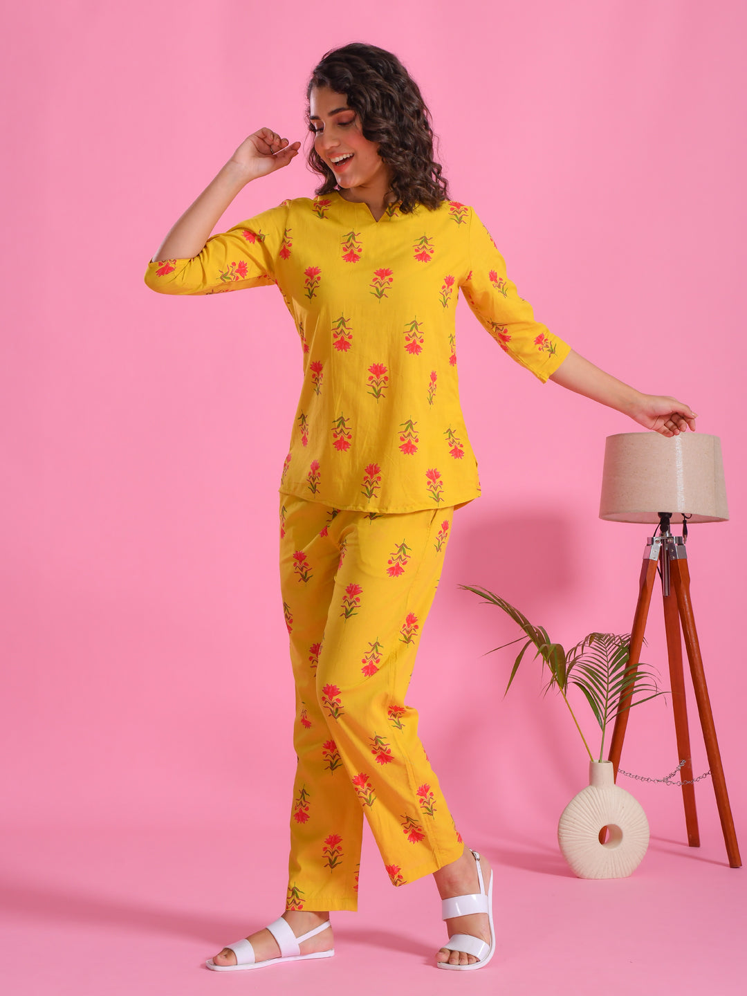 Yellow Floral Printed Round Neck Night Suit Set