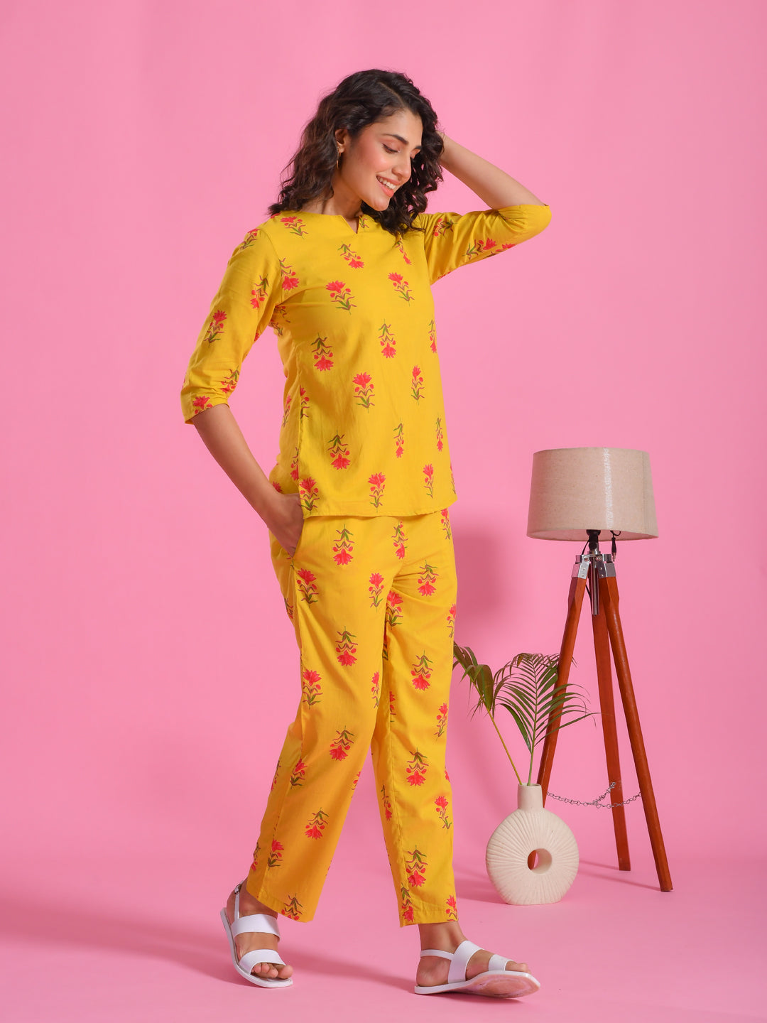 Yellow Floral Printed Round Neck Night Suit Set
