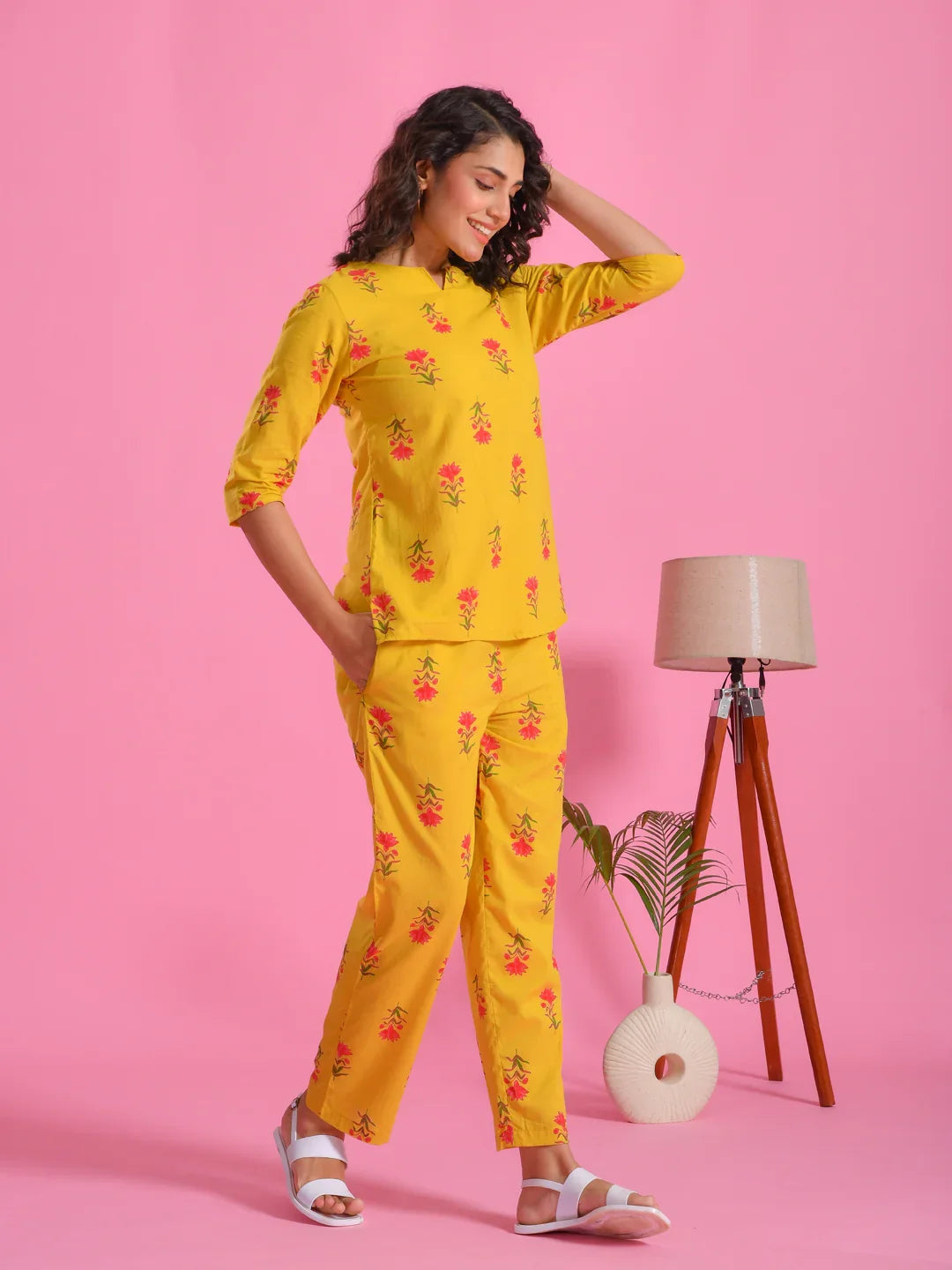 Yellow Floral Printed Round Neck Night Suit Set - SanskrutiHomes