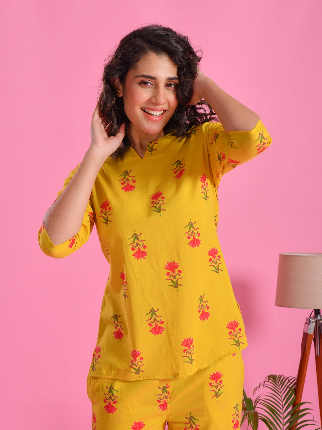 Yellow Floral Printed Round Neck Night Suit Set