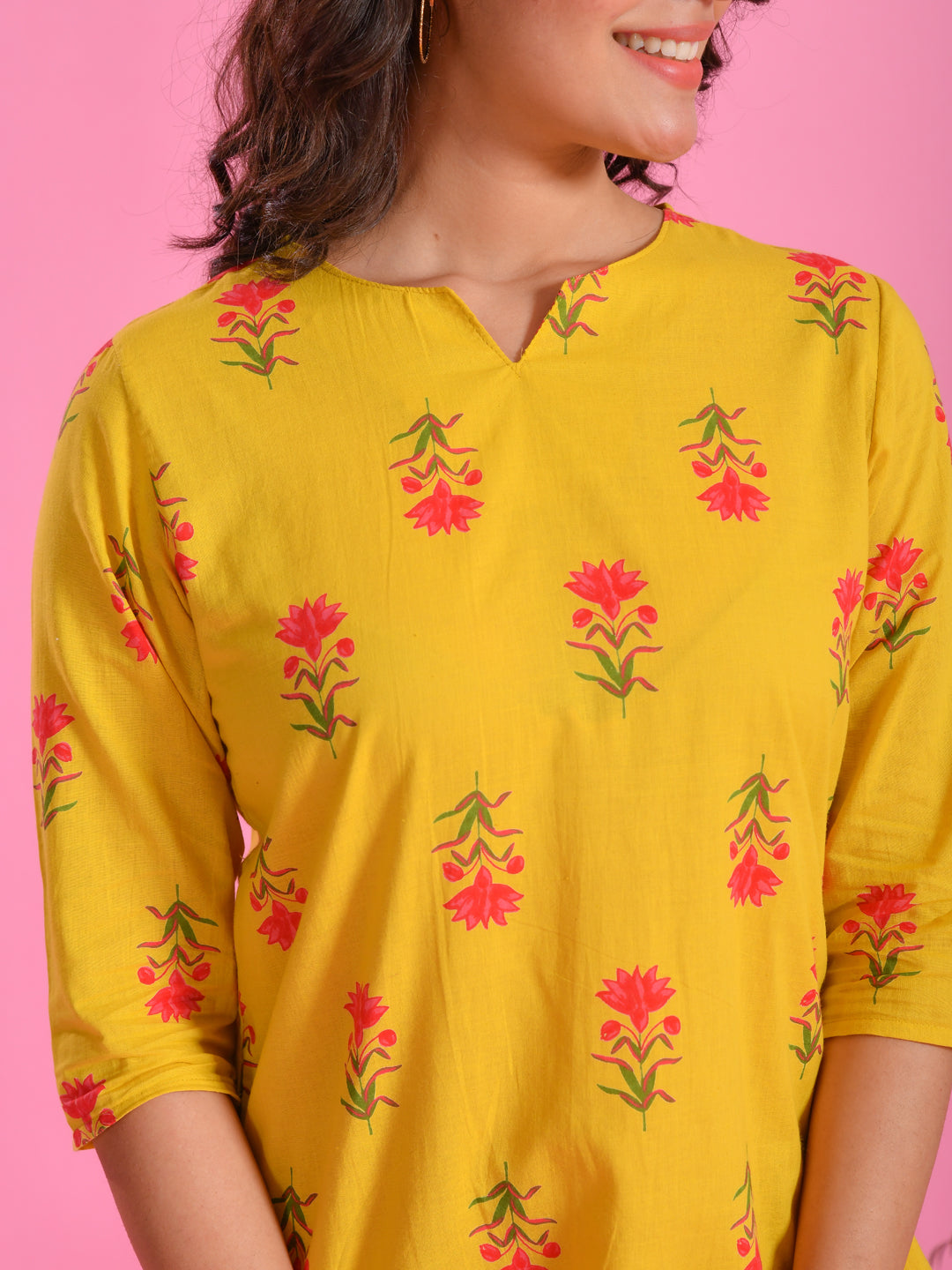 Yellow Floral Printed Round Neck Night Suit Set