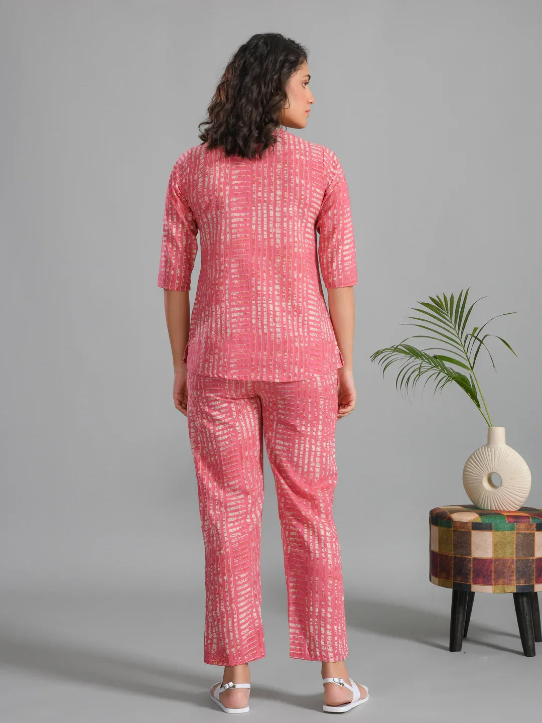 Pink Stripes Printed Cotton Night Suit - SanskrutiHomes