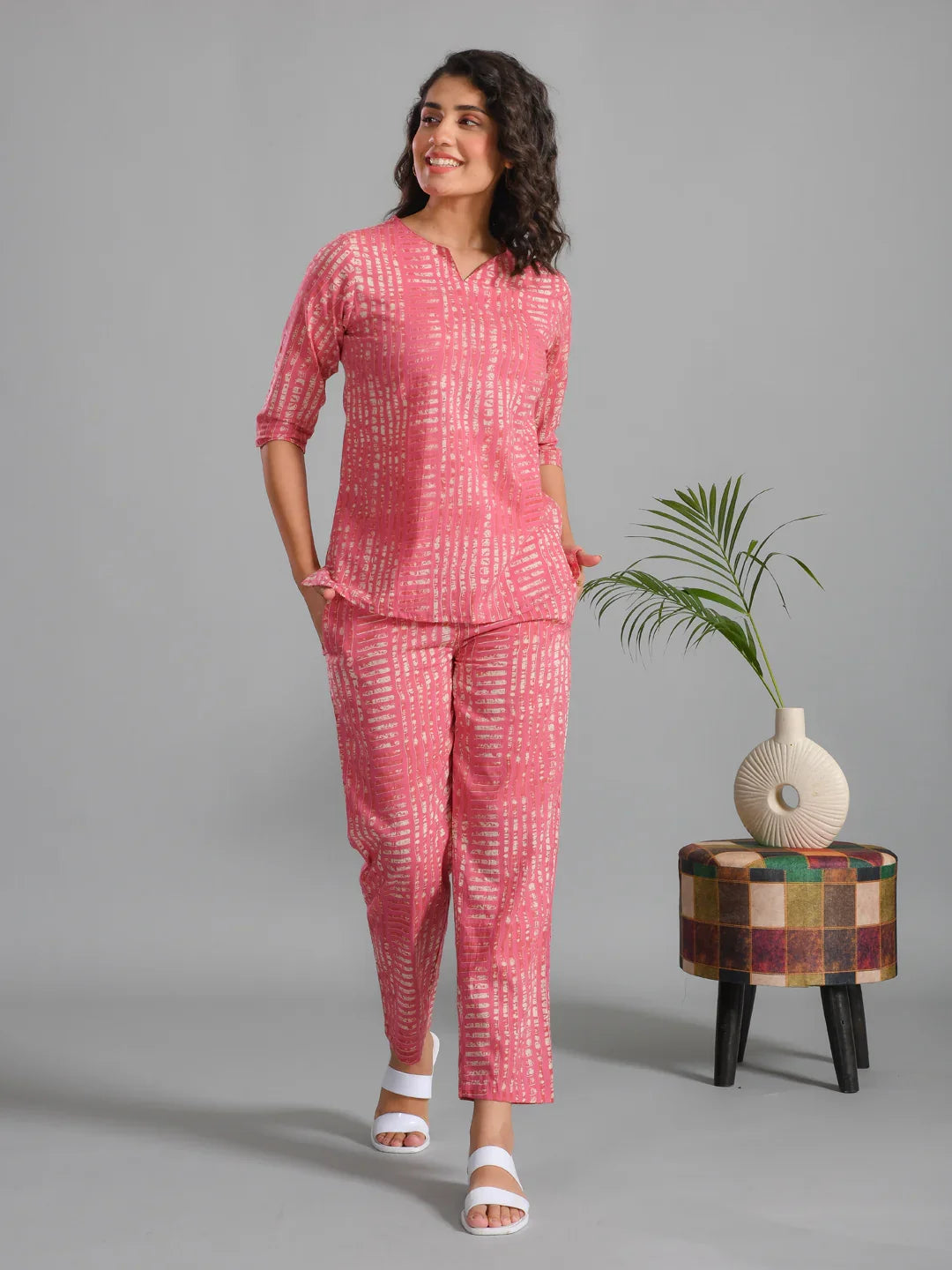Pink Stripes Printed Cotton Night Suit - SanskrutiHomes