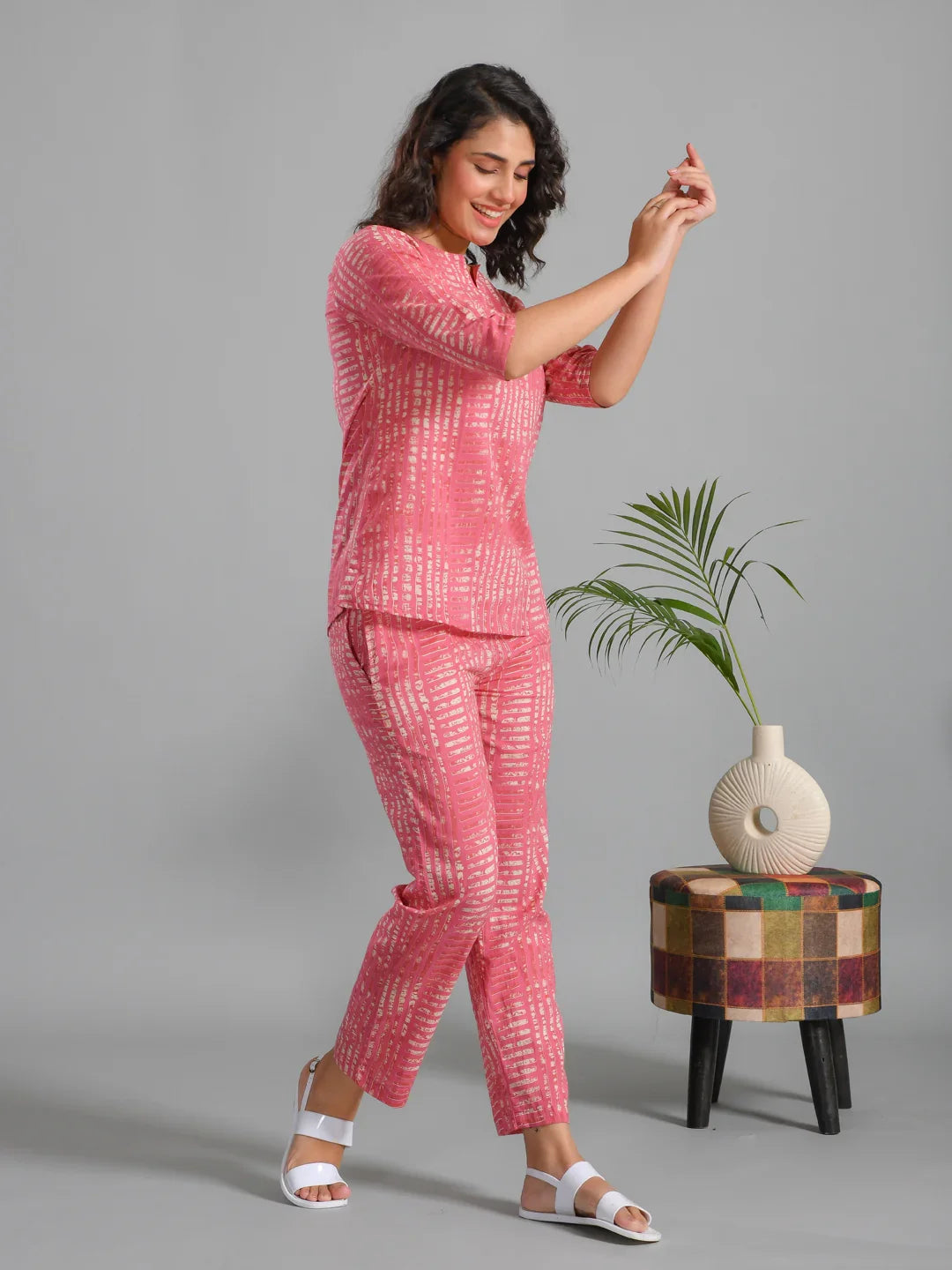 Pink Stripes Printed Cotton Night Suit - SanskrutiHomes