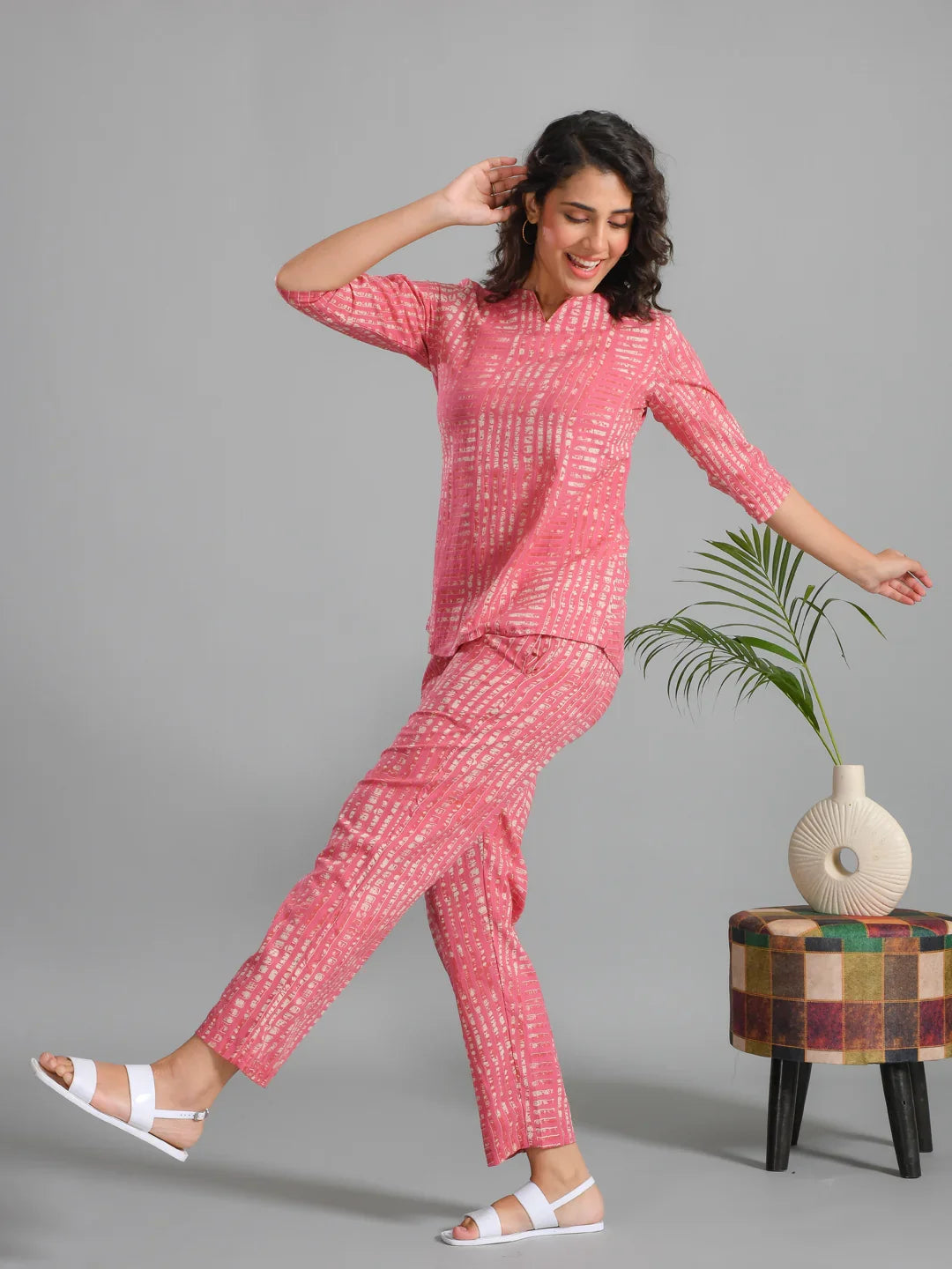 Pink Stripes Printed Cotton Night Suit - SanskrutiHomes