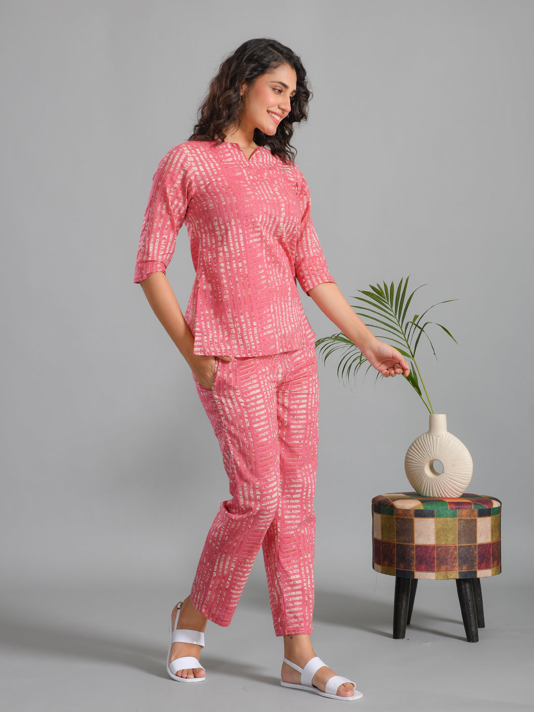 Pink Stripes Printed Cotton Night Suit