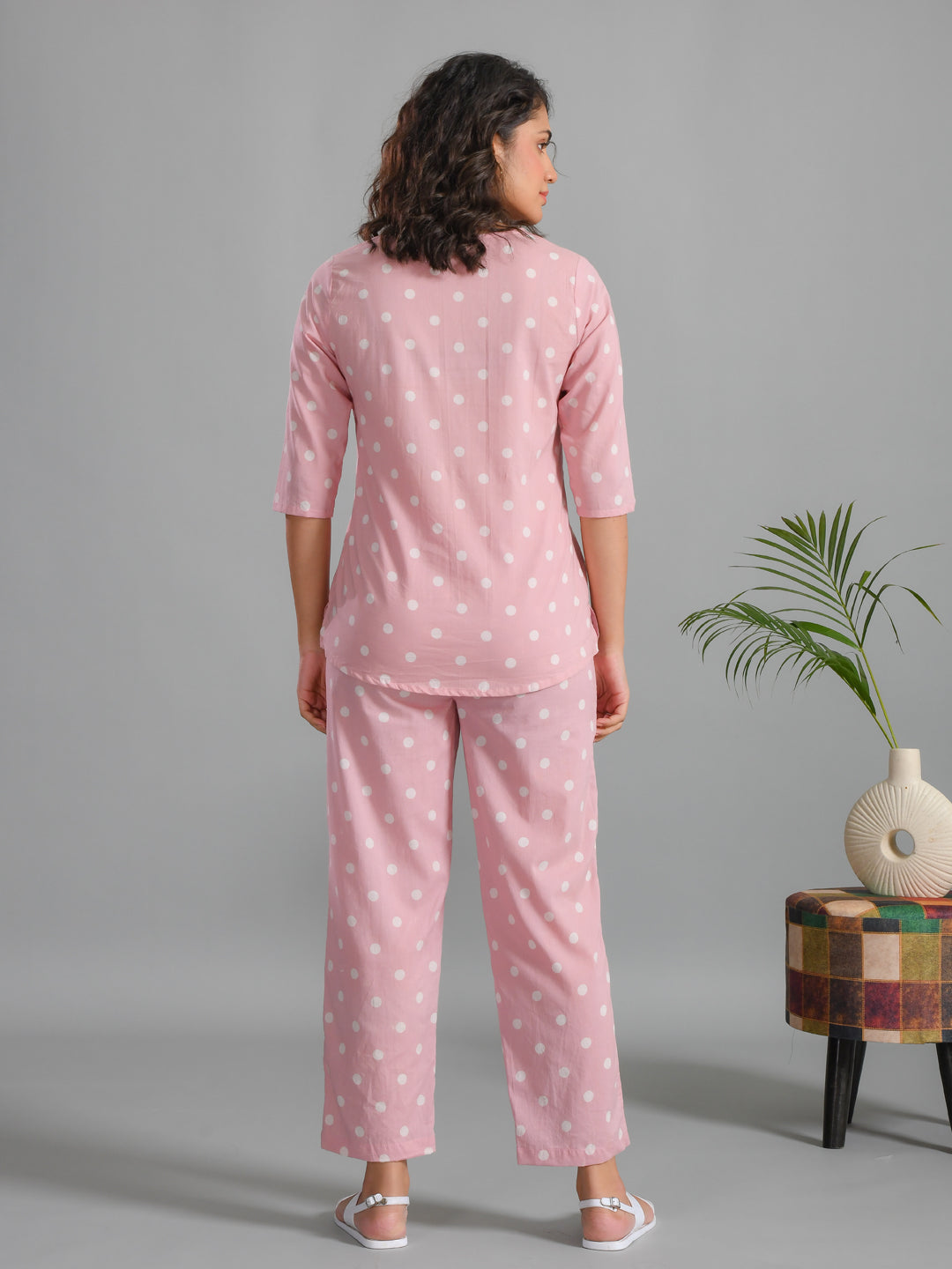 Pink Plolka Dots Round Neck Night Suit