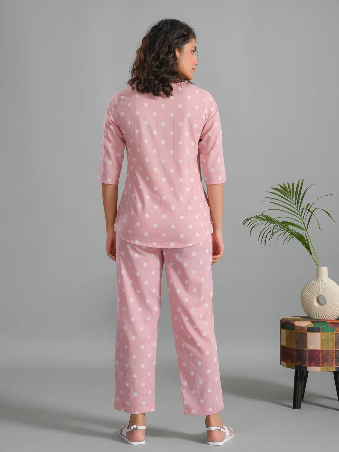 Pink Plolka Dots Round Neck Night Suit - SanskrutiHomes