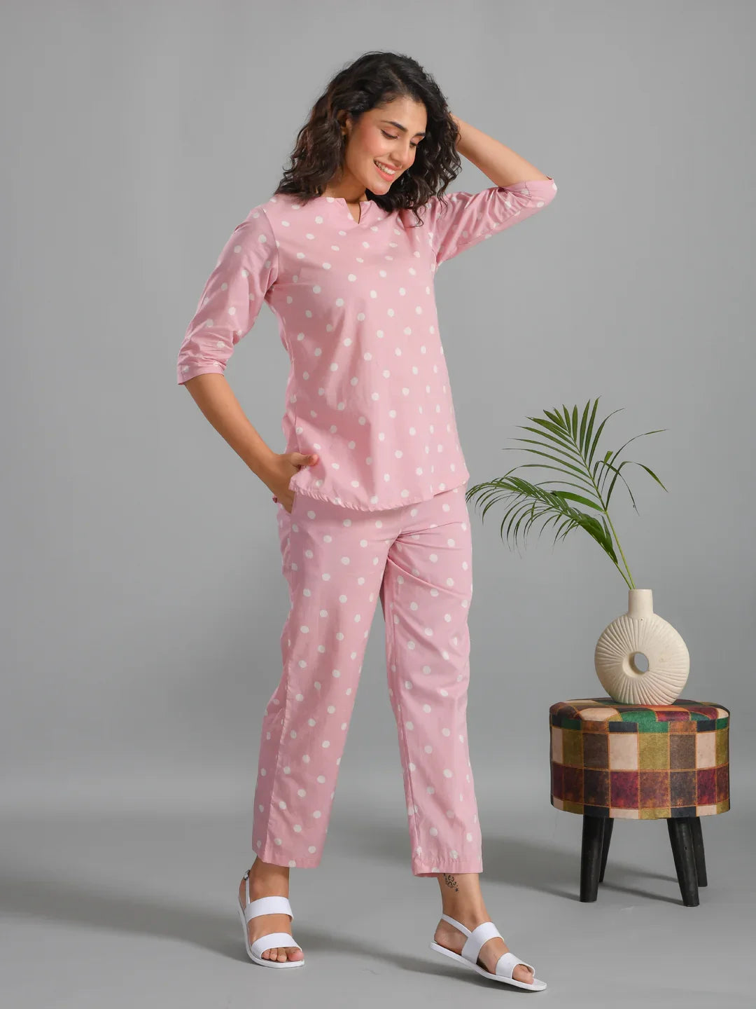 Pink Plolka Dots Round Neck Night Suit - SanskrutiHomes