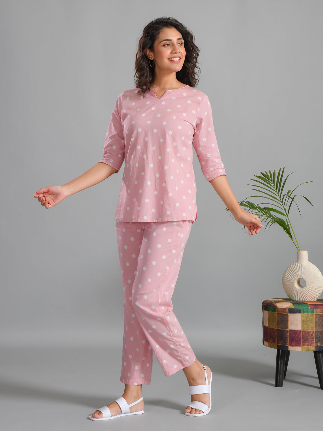 Pink Plolka Dots Round Neck Night Suit