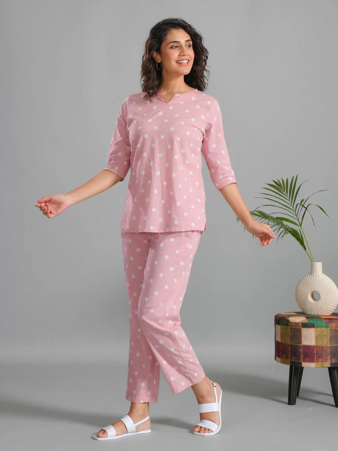 Pink Plolka Dots Round Neck Night Suit - SanskrutiHomes