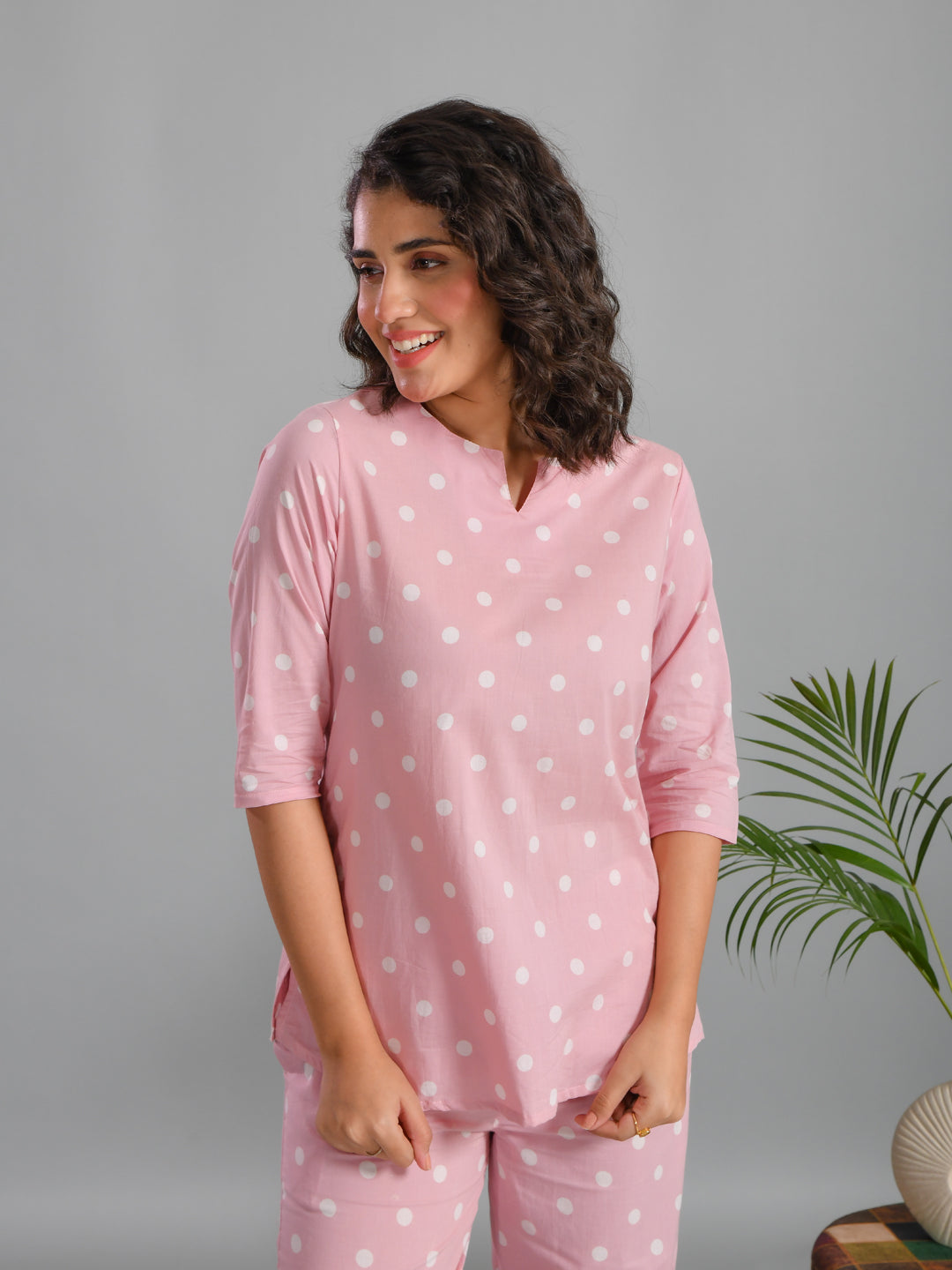 Pink Plolka Dots Round Neck Night Suit