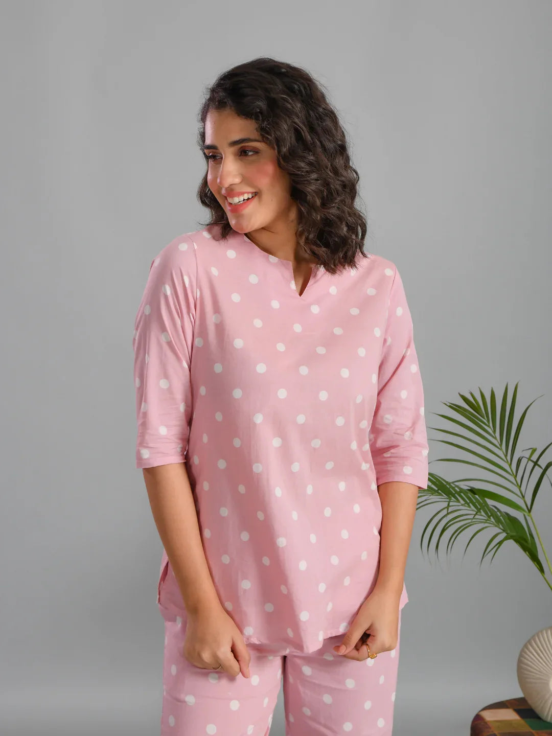 Pink Plolka Dots Round Neck Night Suit - SanskrutiHomes