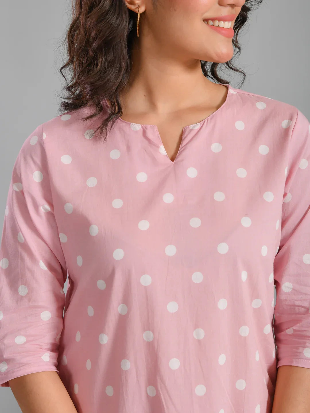 Pink Plolka Dots Round Neck Night Suit - SanskrutiHomes