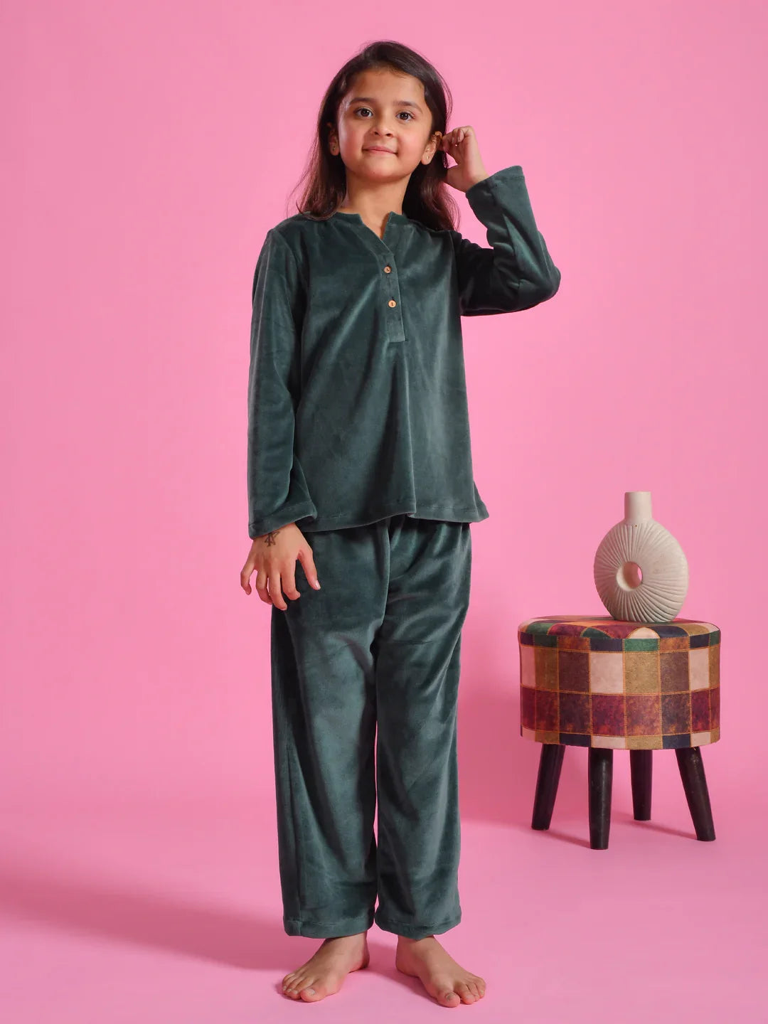 Green Velvet Round Neck Night Suit - SanskrutiHomes