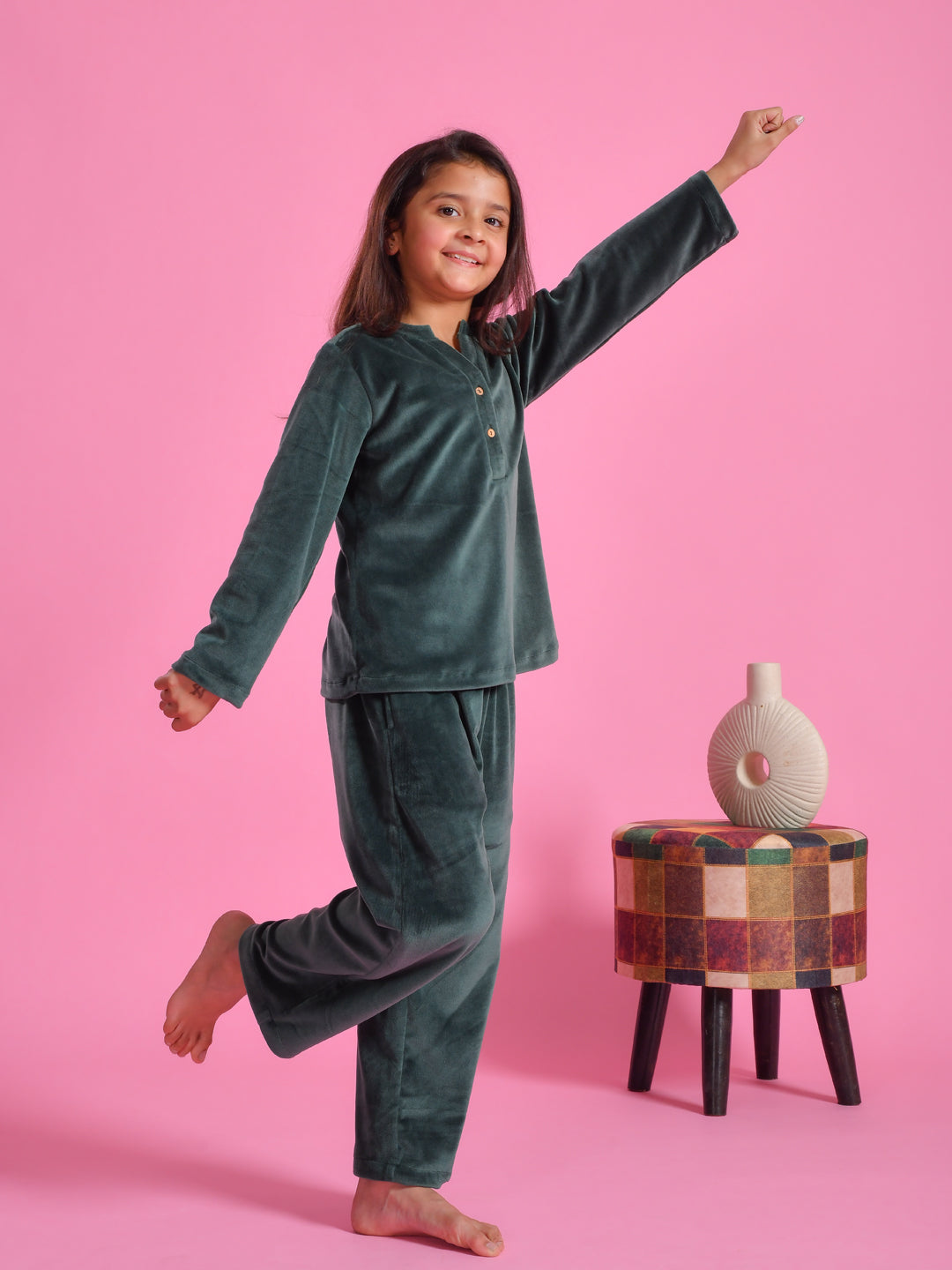Green Velvet Round Neck Night Suit