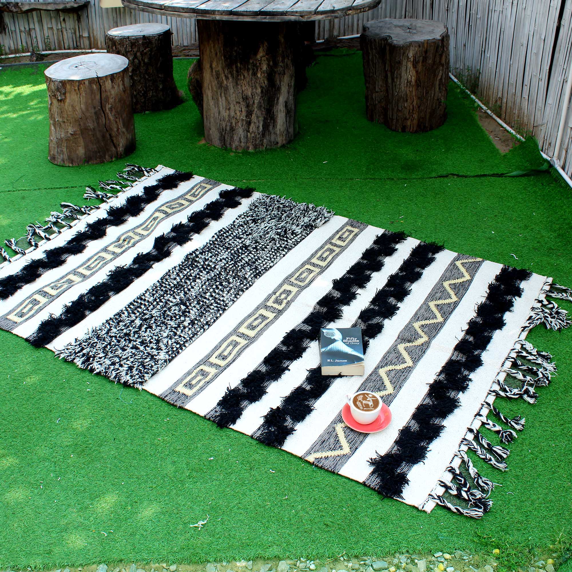 Beige & Black Hand-Woven Ruffle Cotton Rug With Zari Work