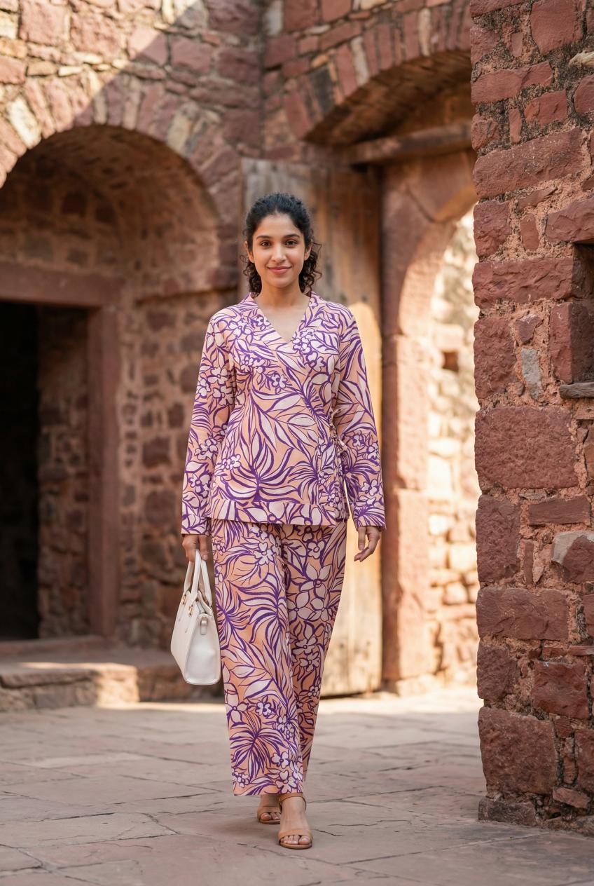 Lavender Abstract Print V-Neck Cotton Co Ord Set For Women