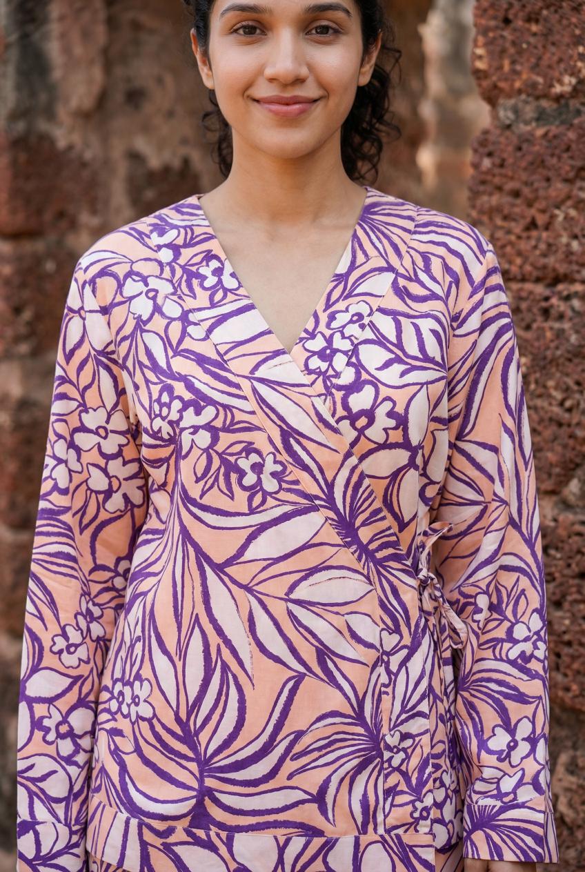 Lavender Abstract Print V-Neck Cotton Co Ord Set For Women