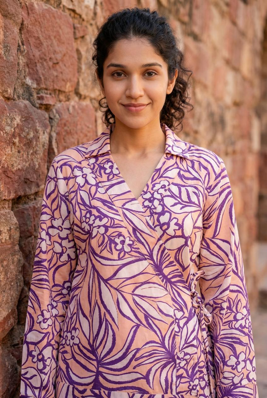 Lavender Abstract Print V-Neck Cotton Co Ord Set For Women