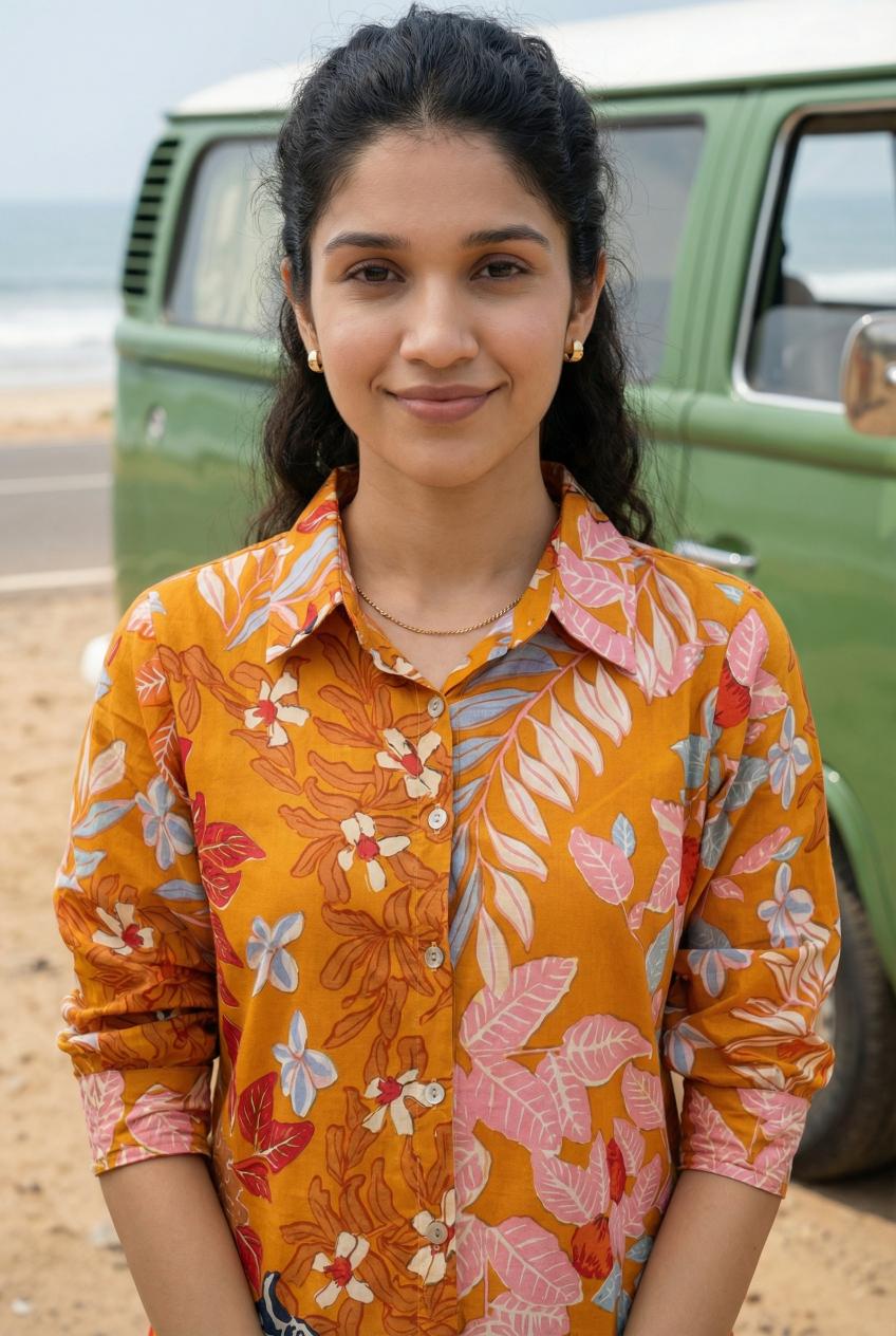 Orange Floral Print Pure Cotton Shirt With Trousers Co-Ord Set For Women