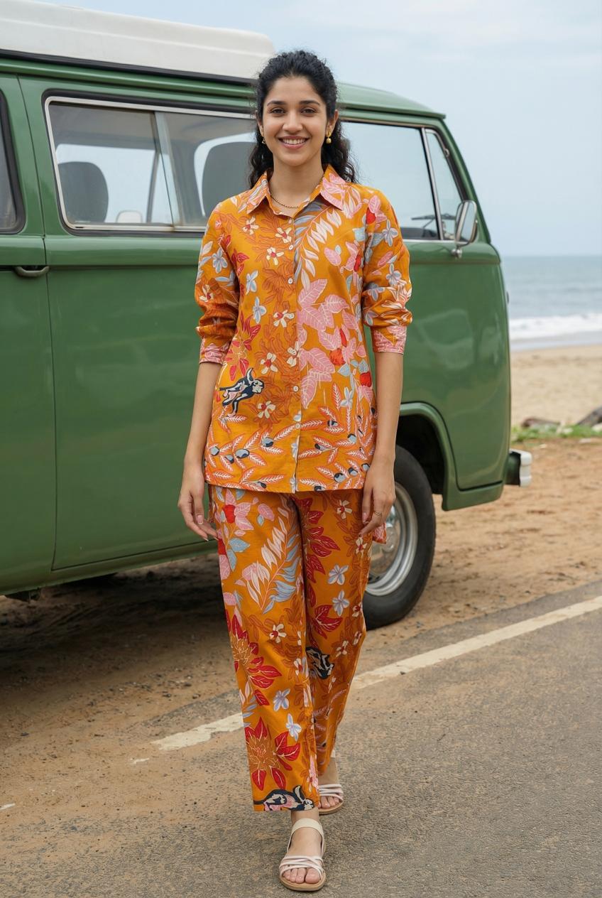 Orange Floral Print Pure Cotton Shirt With Trousers Co-Ord Set For Women