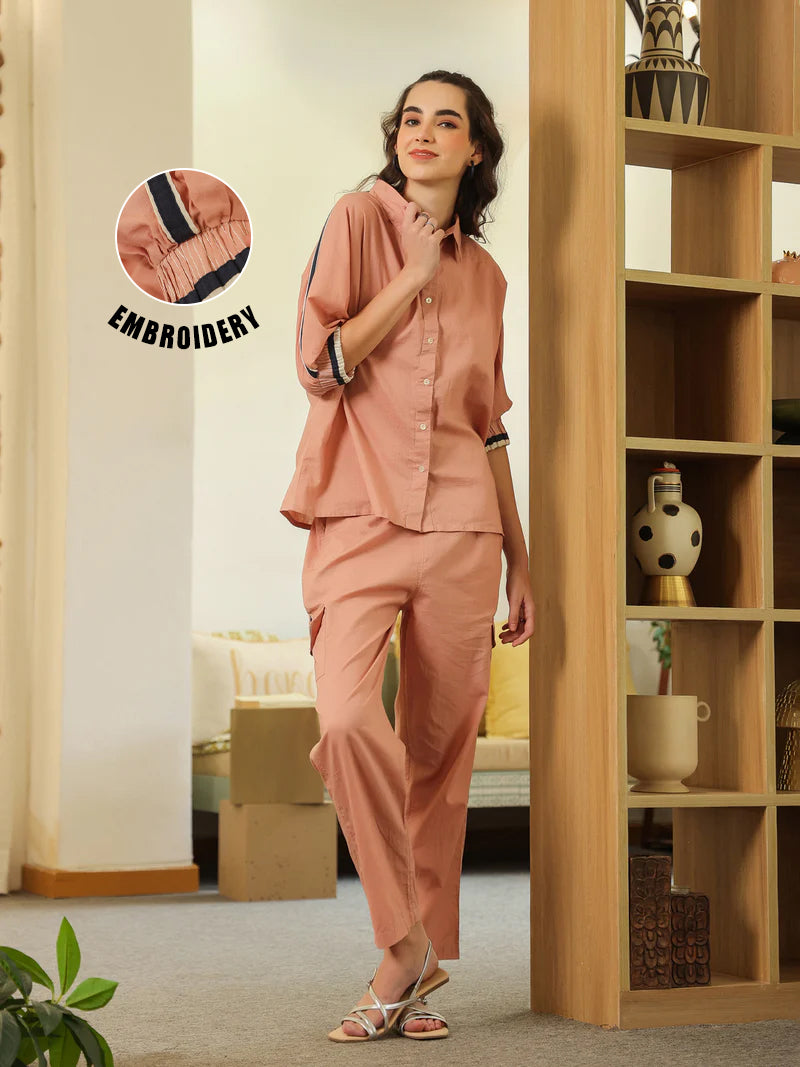 Peach Shirt Collar Pure Cotton Shirt Solid Co-Ords Set For Women