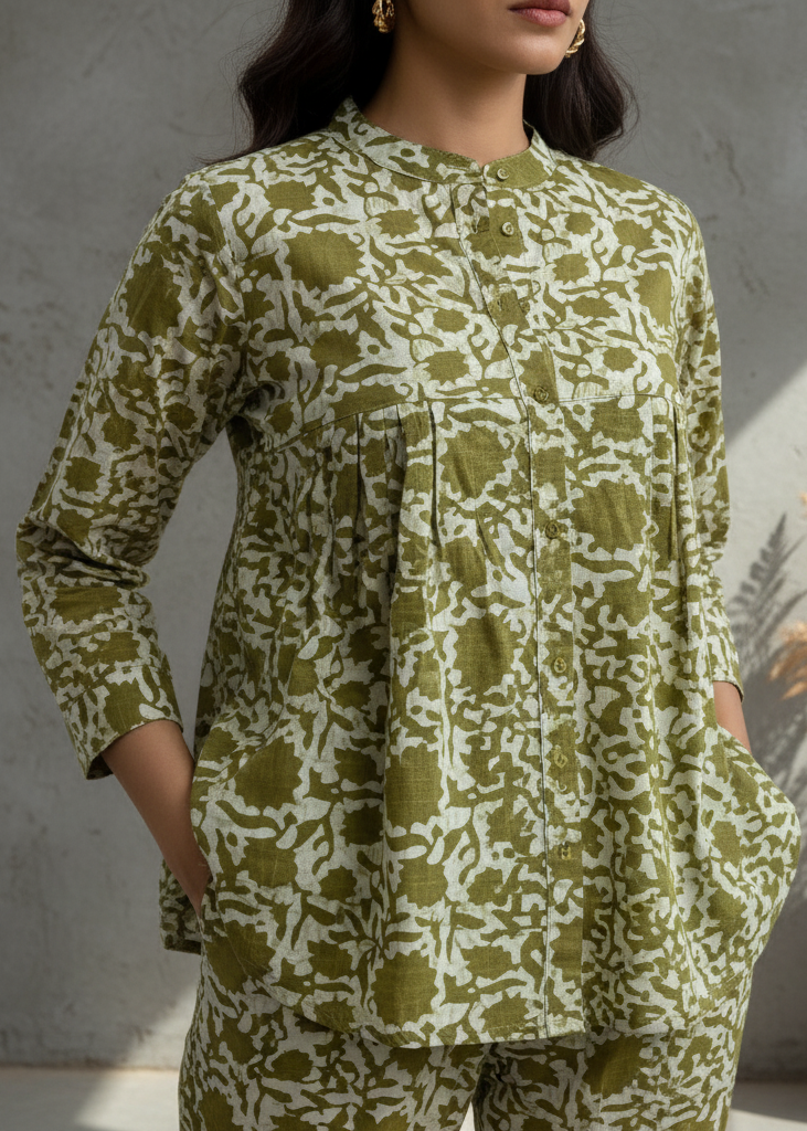Olive Green Solid Printed Mandarin Collar Co-Ord Set for Women