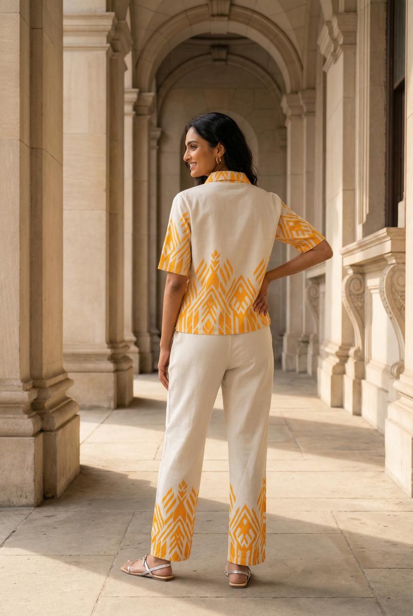 Orange Shirt Collar Pure Cotton Co-Ords Set For Women