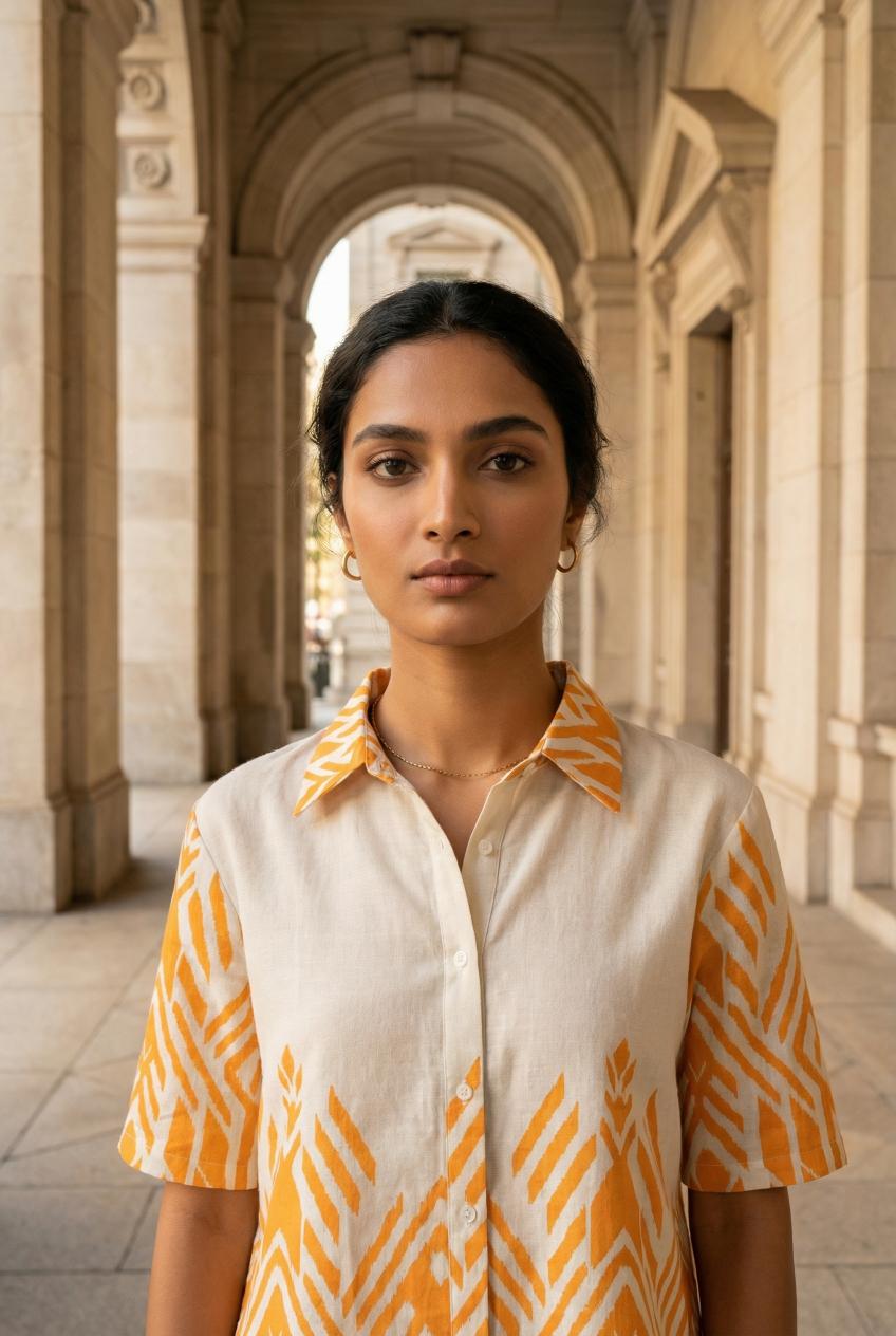 Orange Shirt Collar Pure Cotton Co-Ords Set For Women