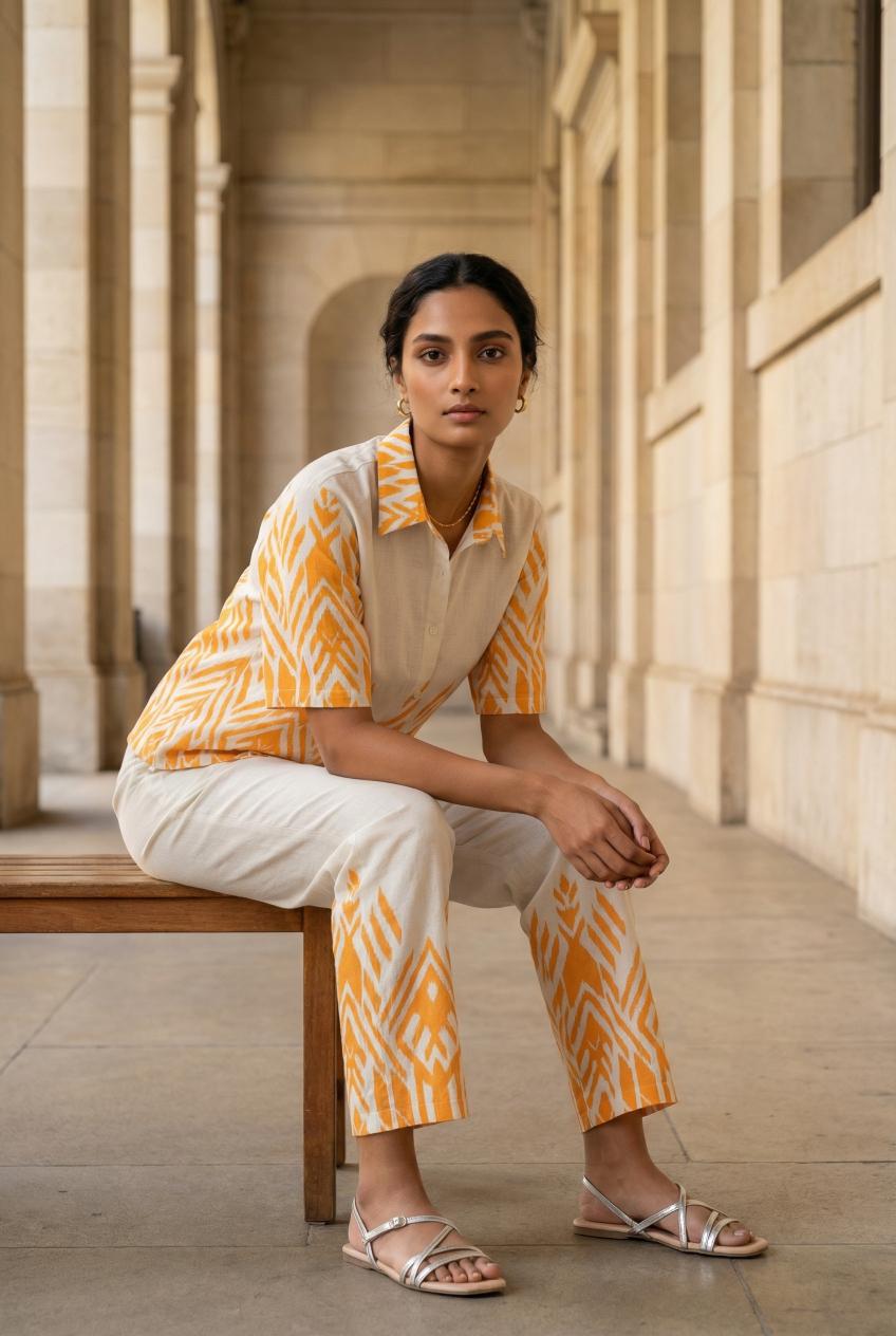 Orange Shirt Collar Pure Cotton Co-Ords Set For Women