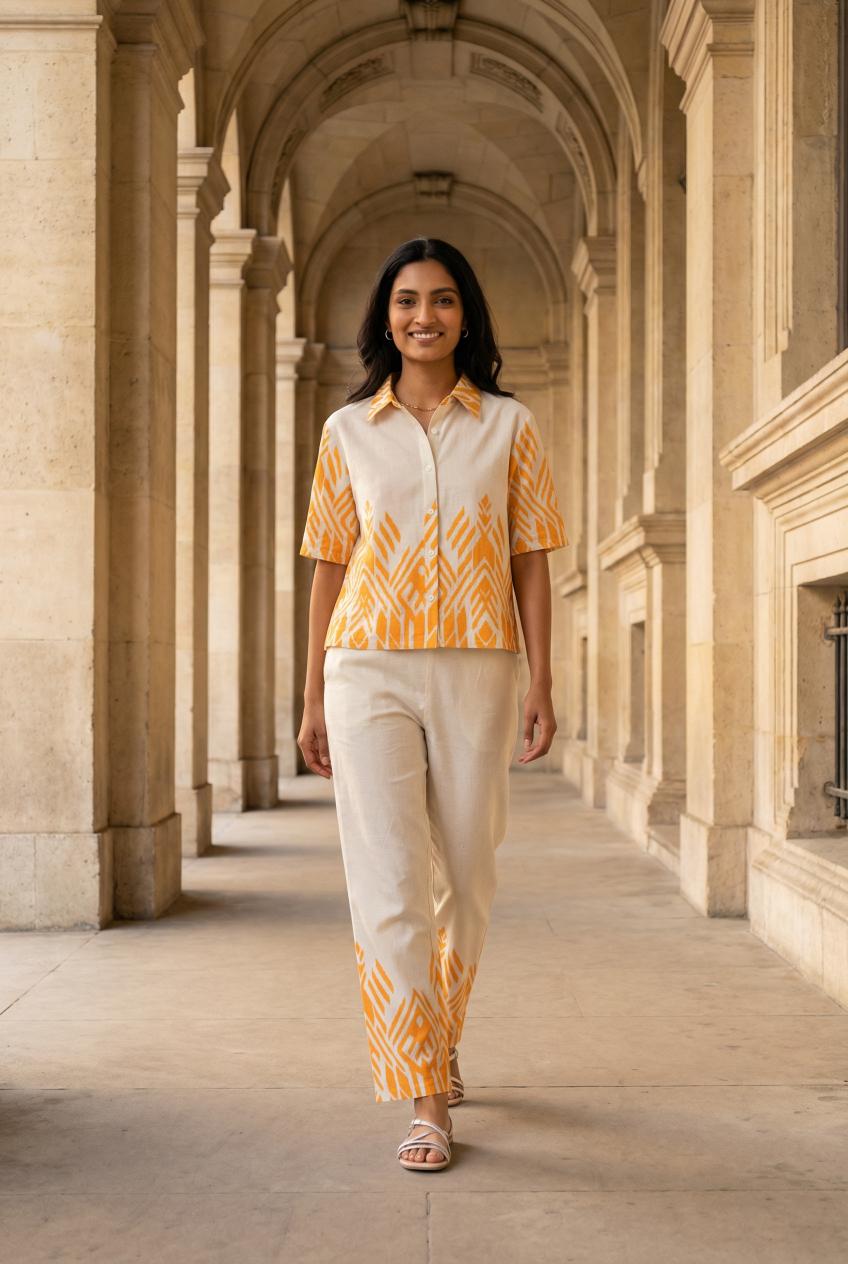 Orange Shirt Collar Pure Cotton Co-Ords Set For Women