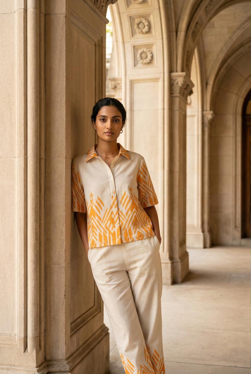 Orange Shirt Collar Pure Cotton Co-Ords Set For Women