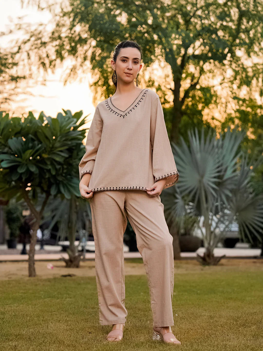Beige Pure Cotton Solid V-Neck Co-ords Set for Women - SanskrutiHomes