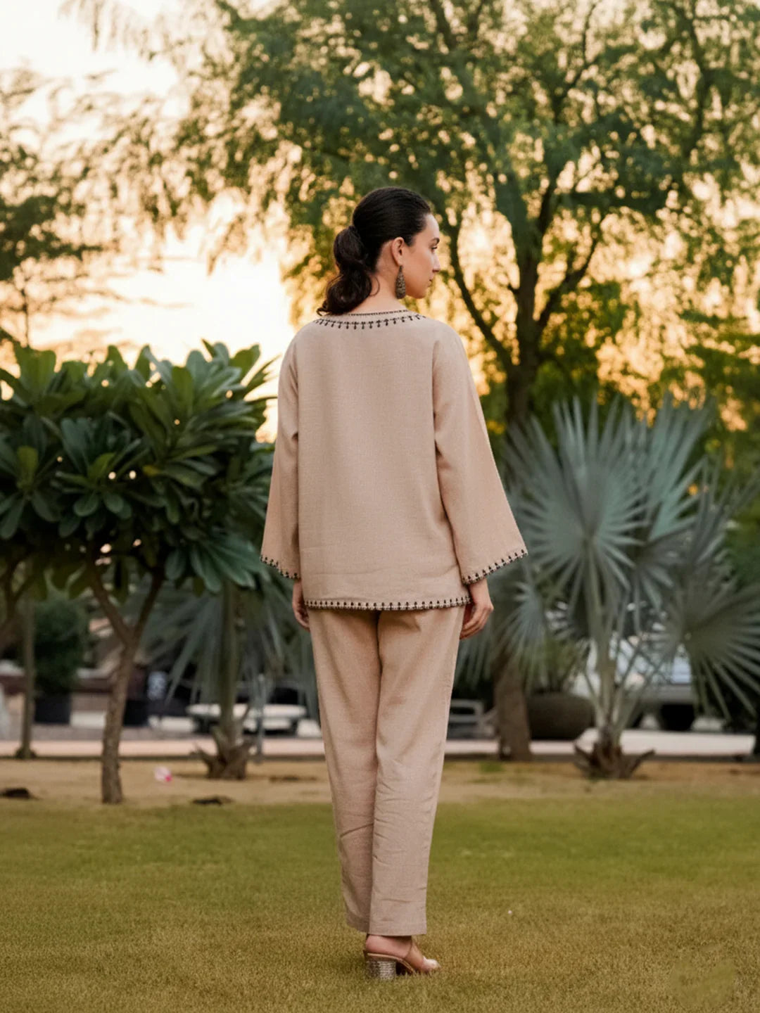 Beige Pure Cotton Solid V-Neck Co-ords Set for Women - SanskrutiHomes