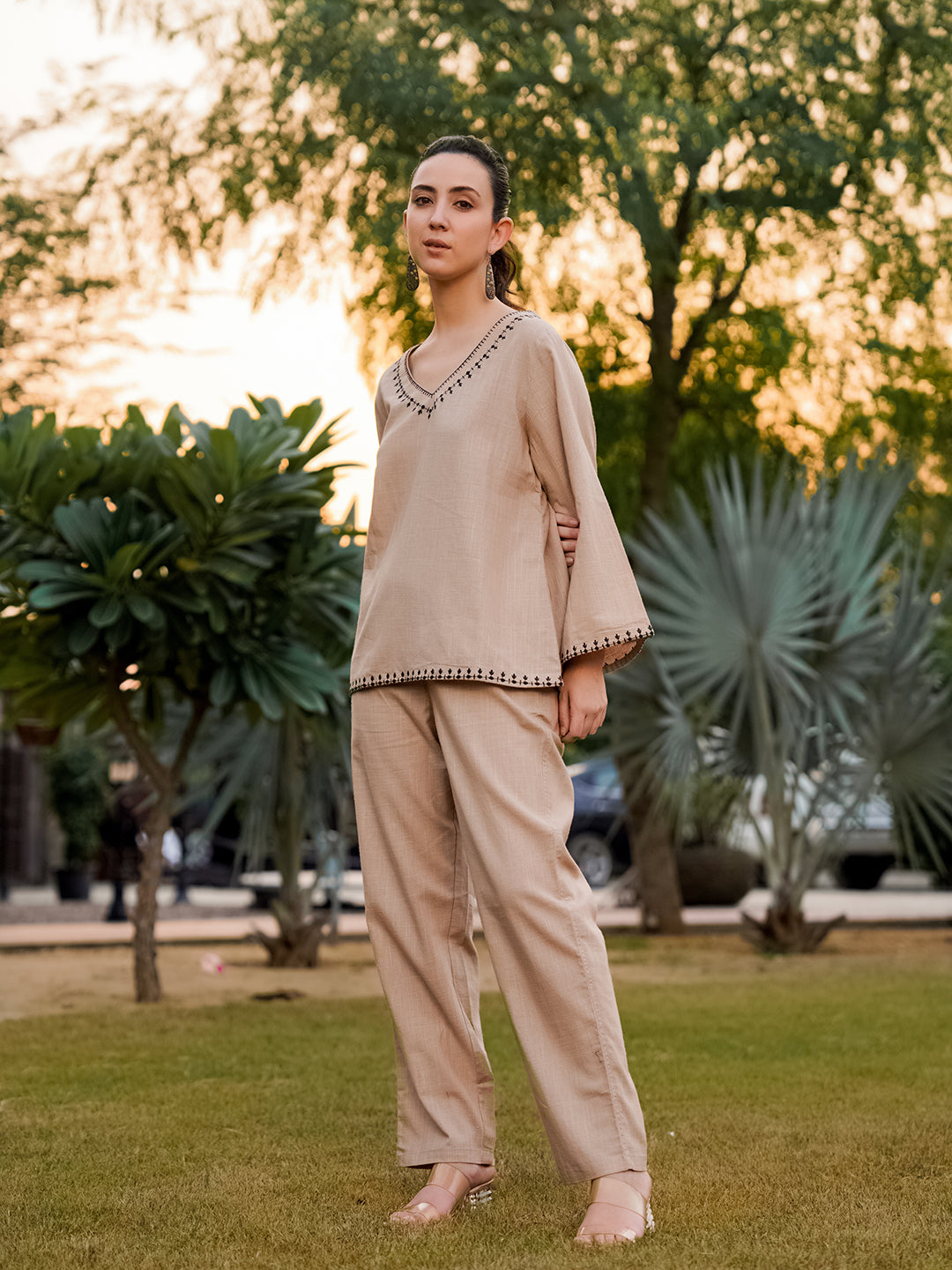 Beige Pure Cotton Solid V-Neck Co-ords Set for Women
