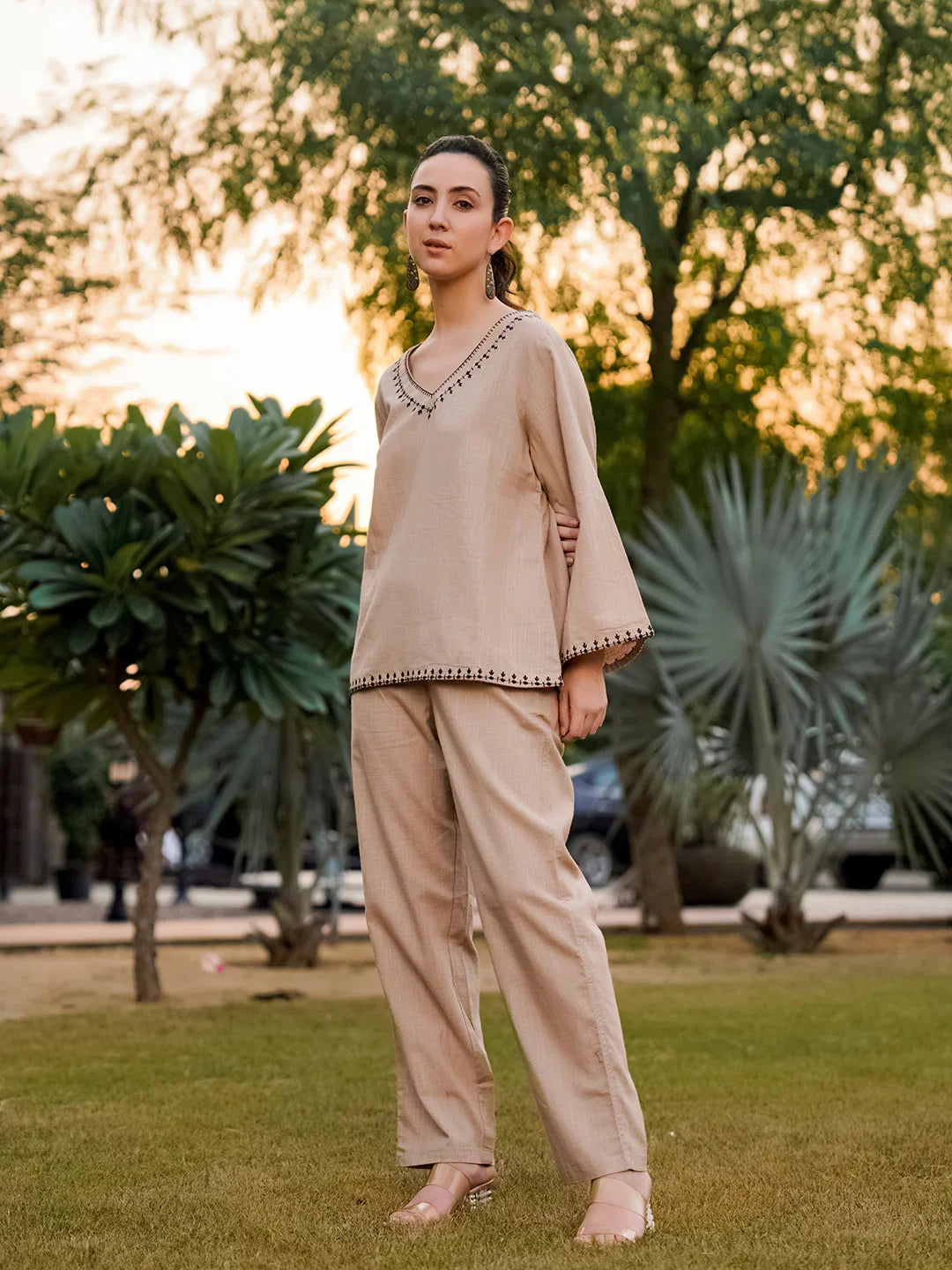 Beige Pure Cotton Solid V-Neck Co-ords Set for Women - SanskrutiHomes