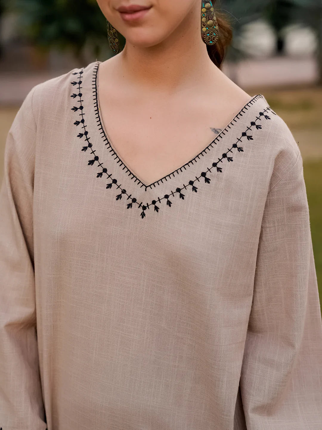 Beige Pure Cotton Solid V-Neck Co-ords Set for Women - SanskrutiHomes