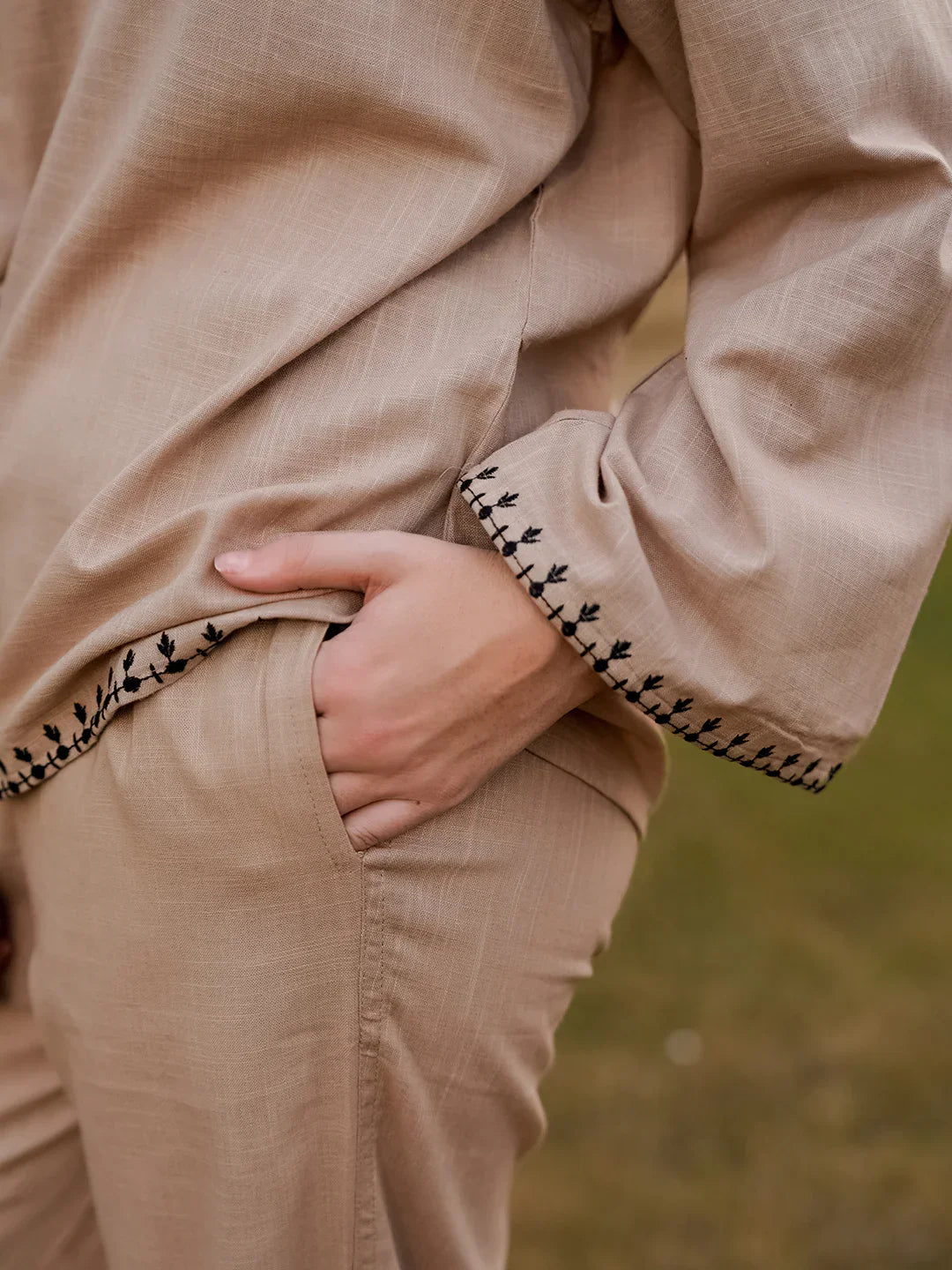 Beige Pure Cotton Solid V-Neck Co-ords Set for Women - SanskrutiHomes