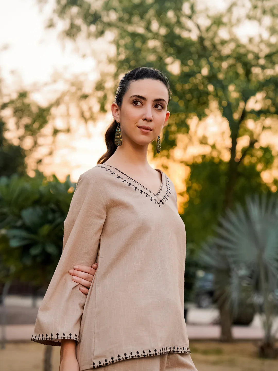 Beige Pure Cotton Solid V-Neck Co-ords Set for Women - SanskrutiHomes