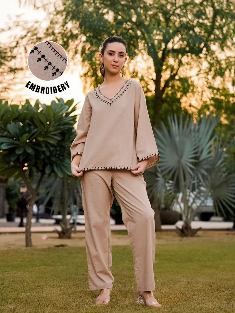 Beige Pure Cotton Solid V-Neck Co-Ords Set For Women